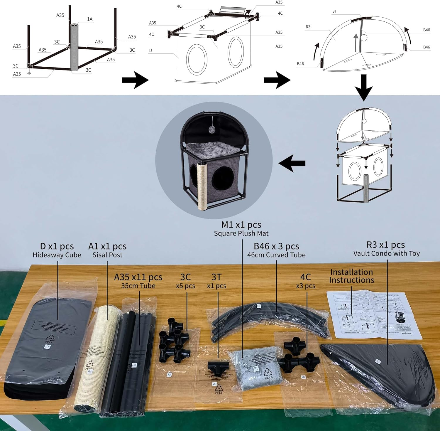 Goetland PVC Modern Cat Condo Cat House Cat Tree Small Cat Tower Bed Scratching Post Dangling Ball Hole for Kitty Indoors Cat Gray image number 2