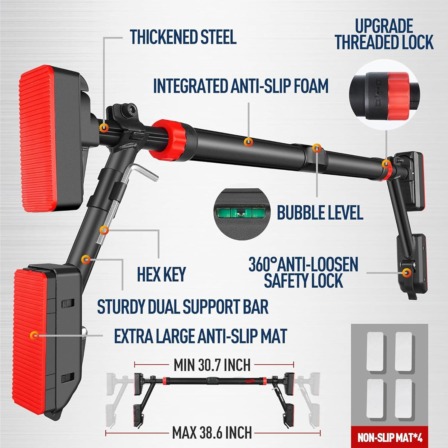 Pull up Bar Doorway,Chin up Bar Door Frame with Fixing Bracket,Adjustable Width Upper Body Workout Bar No Screw Wall Mounted Trainer Exercise Equipment for Home Fitness Sports image number 5