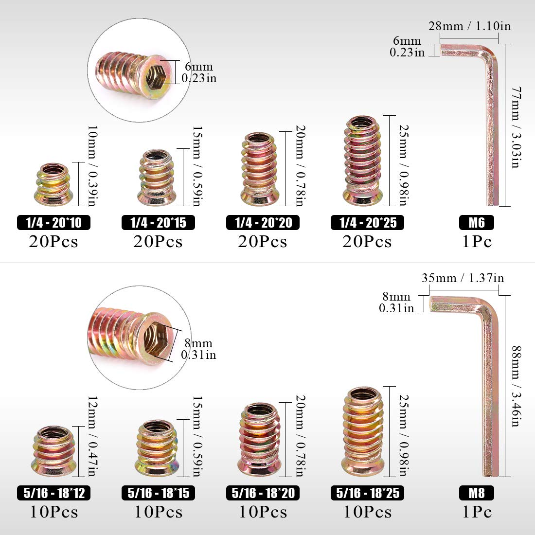 Swpeet 122Pcs Carbon Steel Color Zinc Plated Carbon Furniture Screw in Nut Threaded Wood Inserts Bolt Fastener Connector Hex Socket (1/4 + 5/16, Assortment Kit) image number 3