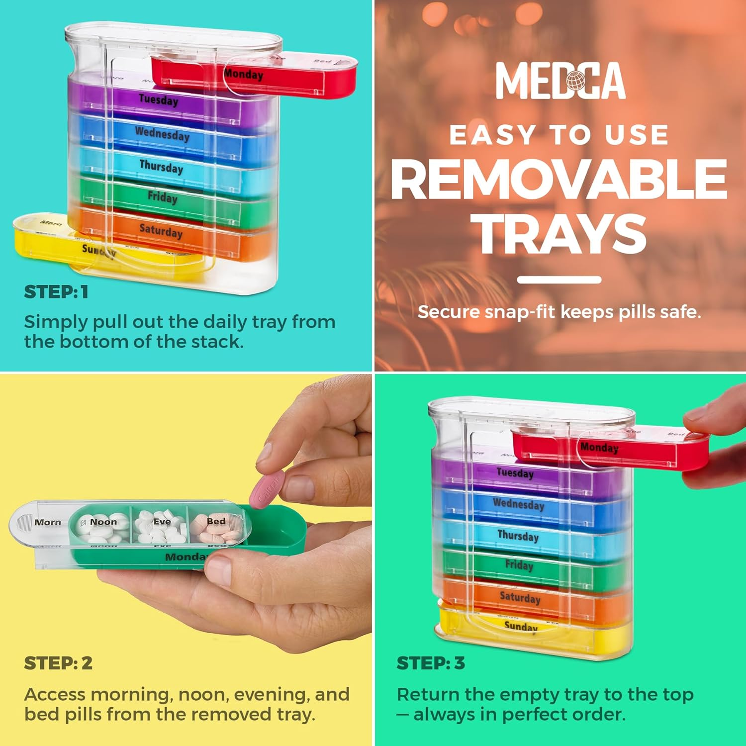 Weekly Pill Organizer, Four Times-A-Day, 1 Dispenser with Stackable AM/PM Compartments image number 1