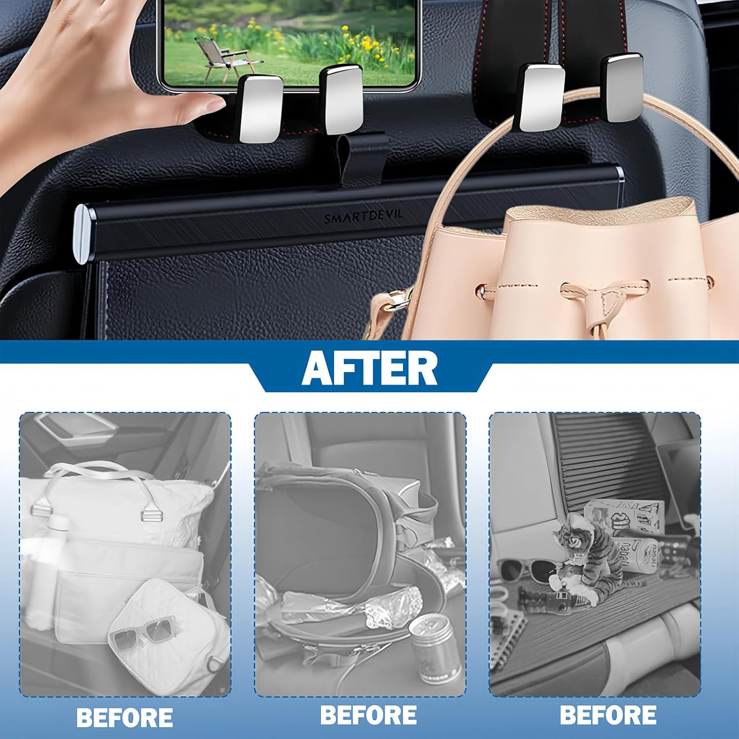 【4-Pack】 Car Seat Headrest Hook - Double Leather Storage Organizers for Handbags, Purses & Mobile Phones | Universal Fit for Cars | Heavy-Duty Metal Hooks | Easy Tool-Free Installation (Black) image number 2