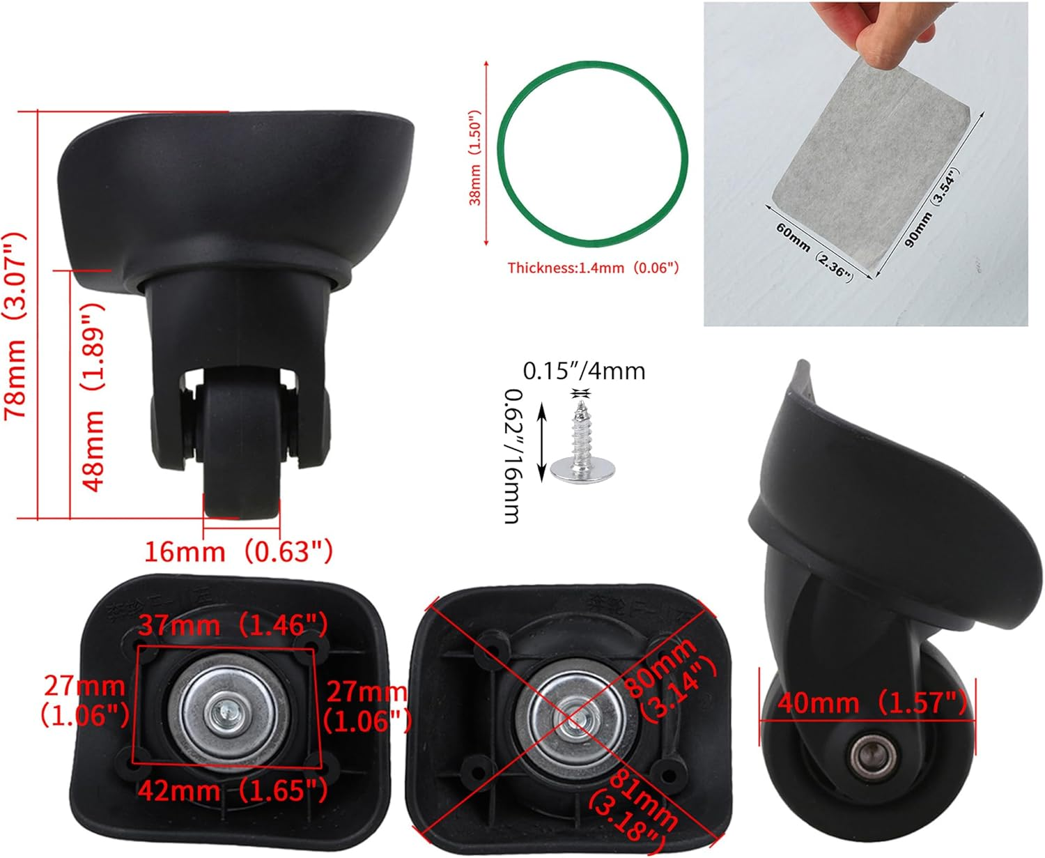 Bstinay 2PCS Swivel Luggage Replacement Wheels 4Cm Diameter W/Screws W151 Black Suitcase Caster Kits image number 1