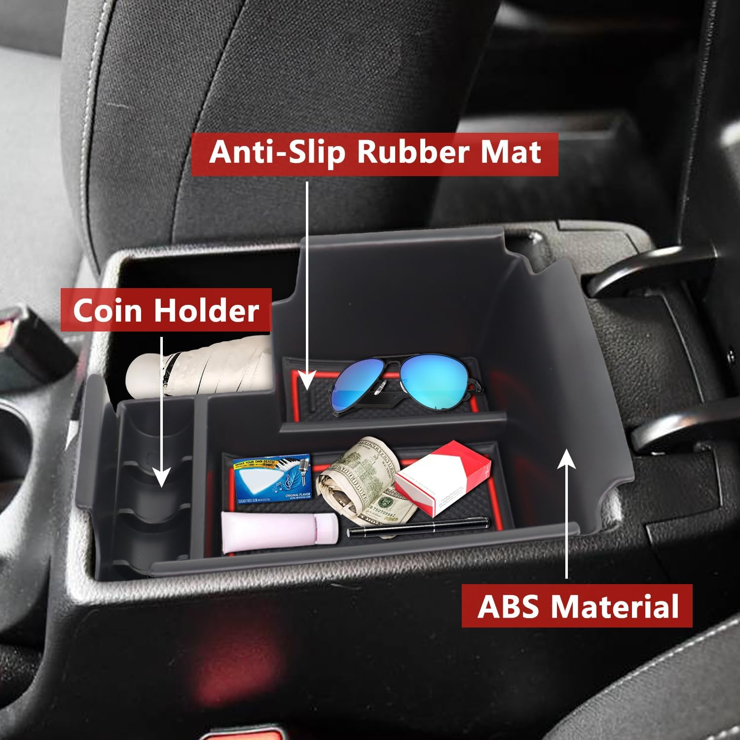 AFEISOL Center Console Organizer Tray Compatible with 2019-2024 Kia Forte GT/FE/EX/LX/LXS Interior Accessories, Insert Armsert Storage Box (Red) - Black image number 4