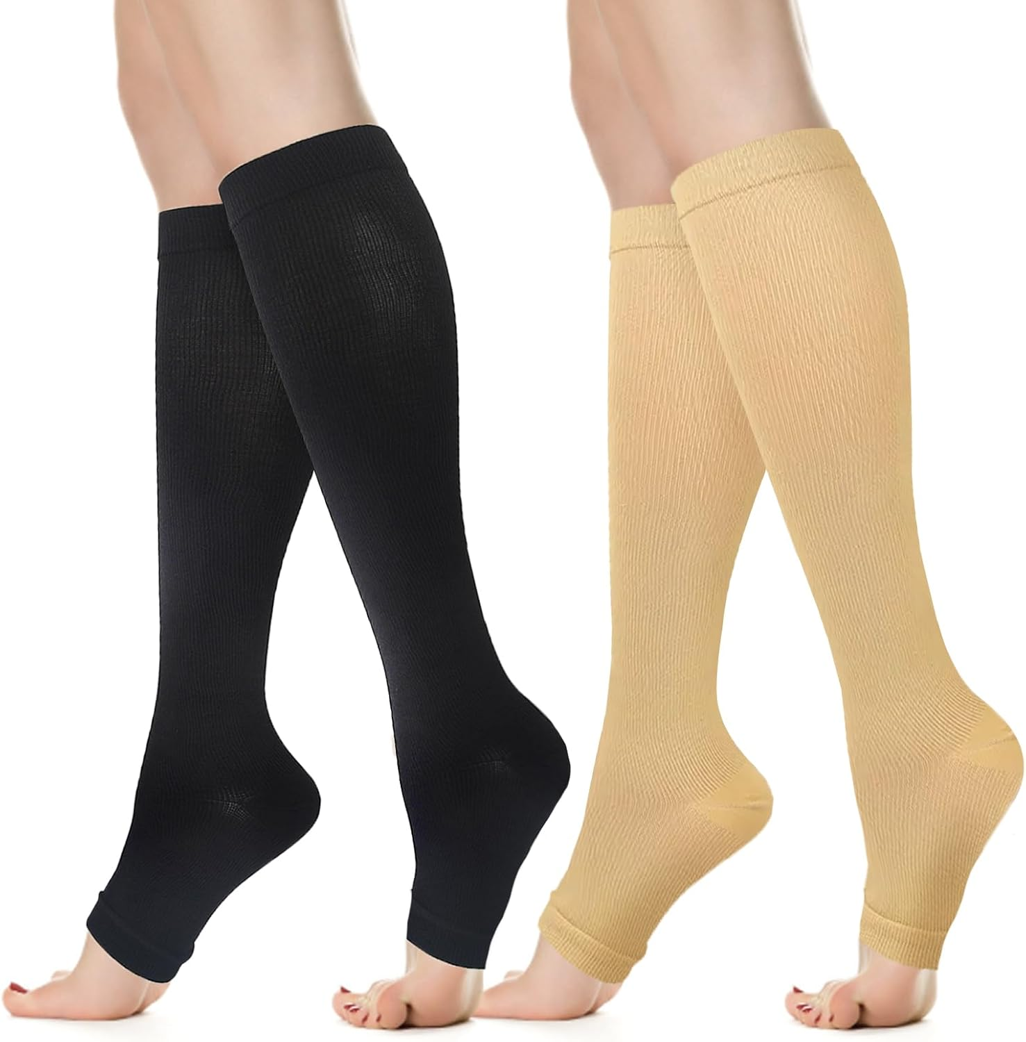 Viiotu Open Toe Compression Socks for Men & Women - 2 Pairs 15-20 Mmhg Knee High Flight & Travel Socks for Circulation Support