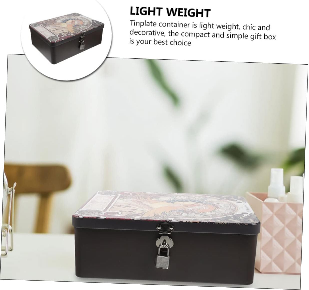 GARVALON Vintage Lockable Tinplate Storage Box Desktop Organizer for Jewelry Cash and Keepsakes All Occasions image number 5