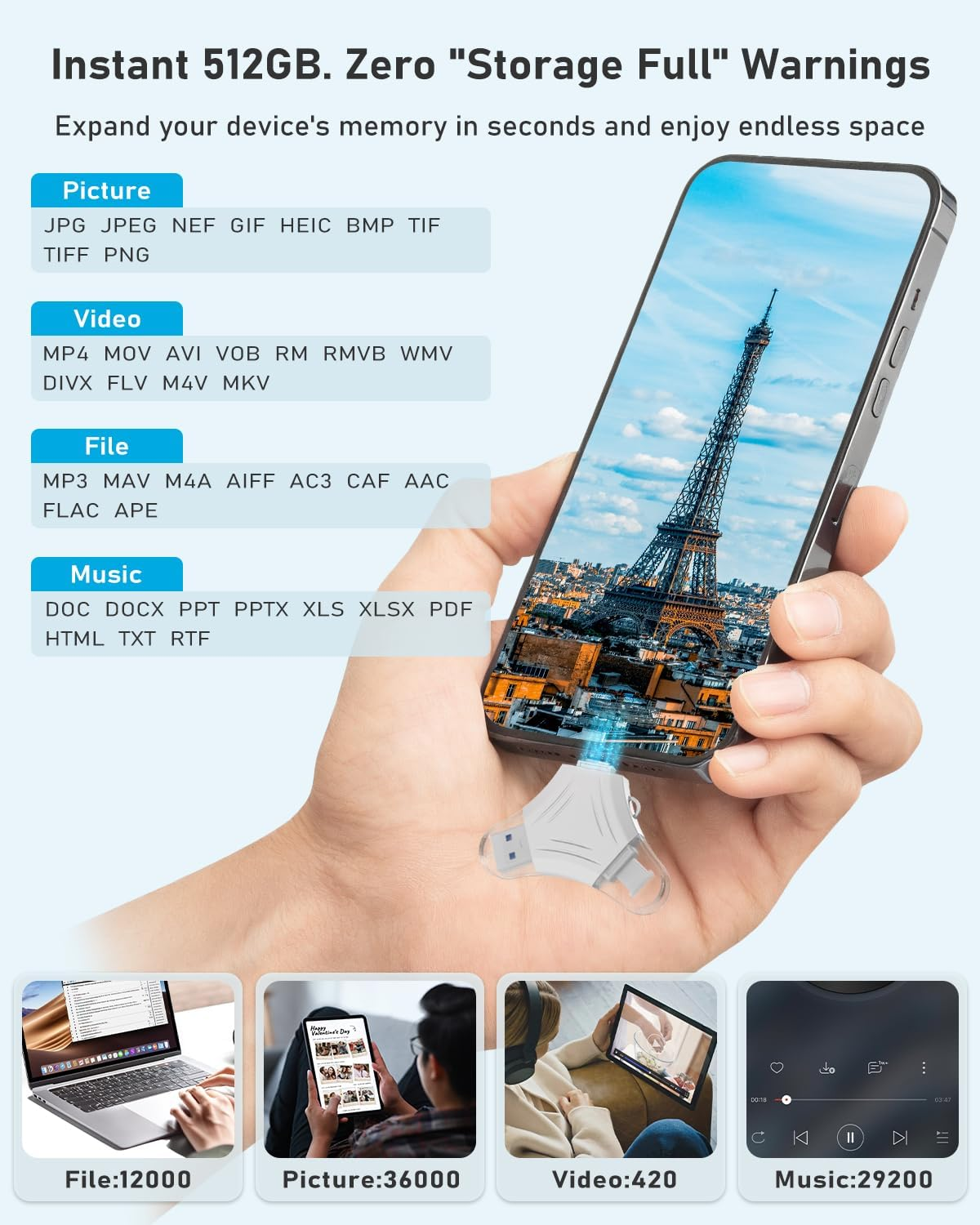 USB 3.0 Flash Drive for Phone 512Gb:3In1 External Memory Photo Keeper Storage Stick for Picture/Video/Data Saver/Backup High Speed Thumb/Jump/Hard Drive for Ipad/Android/Pc -Silver - Silver image number 6