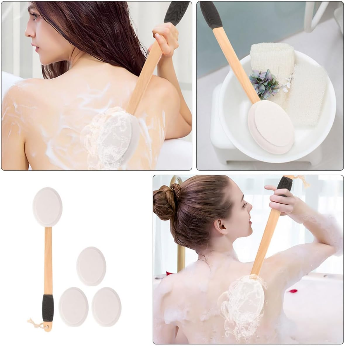 OATIPHO Back Lotion Applicator Set with Non-Slip Handle, Soft Sponge Bath Brush with 3 Replacement Heads for Applying Sunscreen, Body Cream, and Moisturizer on Hard-To-Reach Areas image number 2