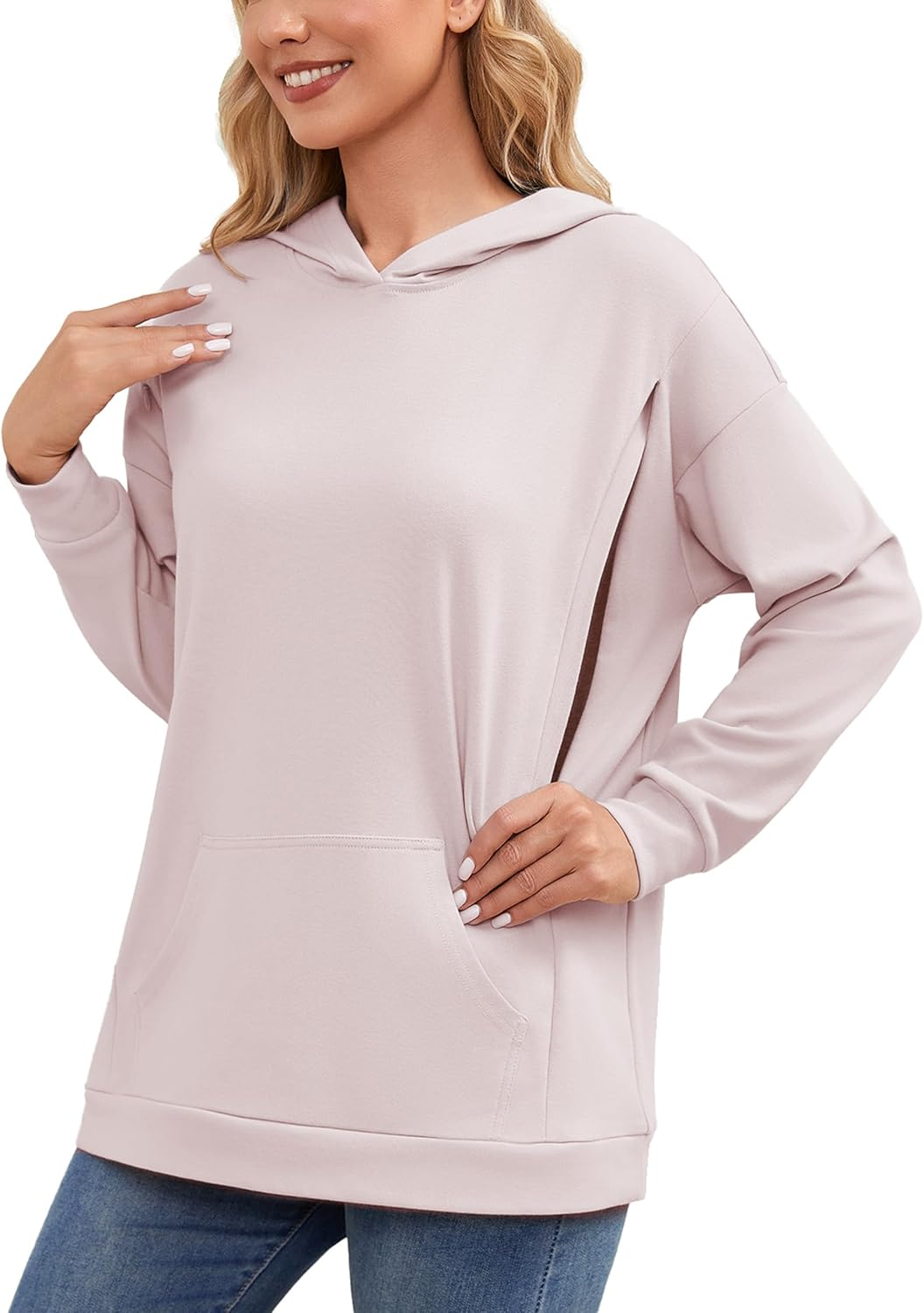 Ecavus Women'S Maternity Nursing Sweatshirt Hidden Zipper 2025 Long Sleeves Oversize Breastfeeding Pullover Tops with Pockets image number 2