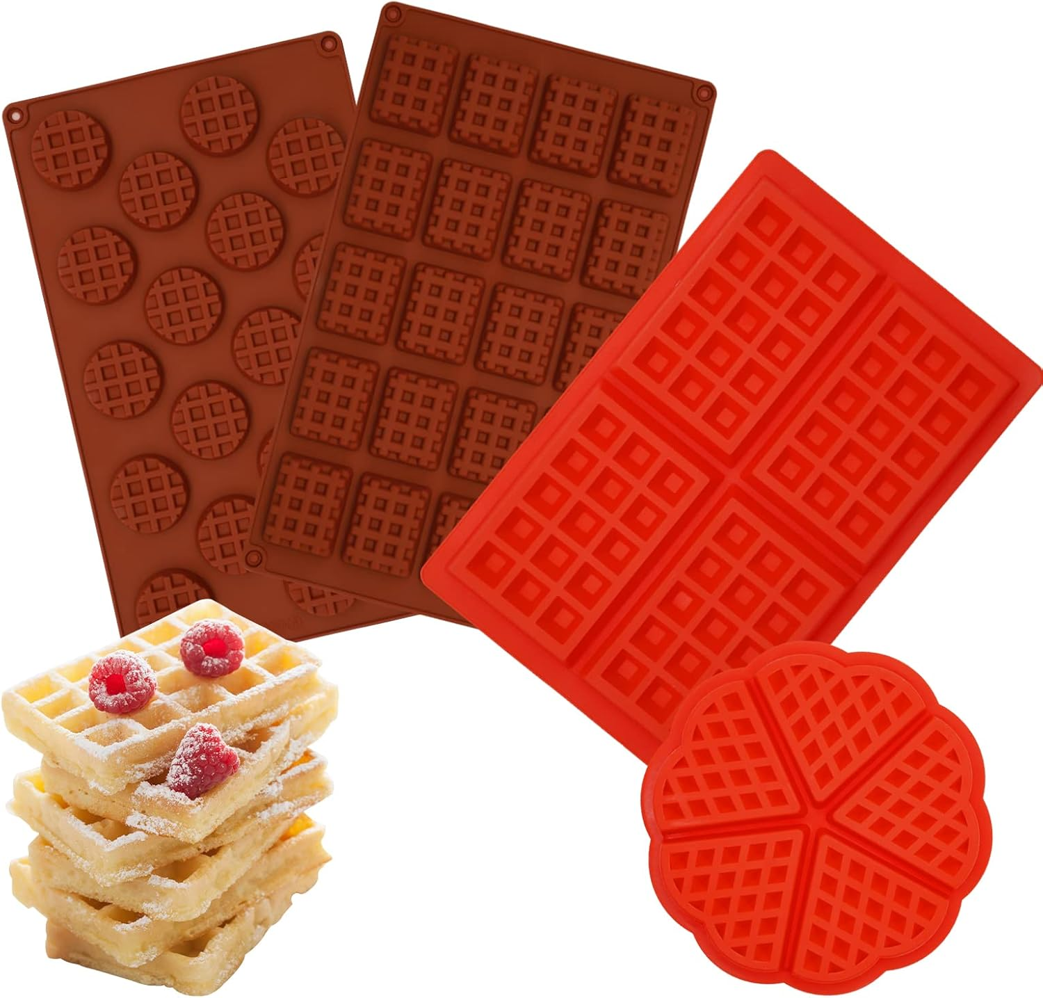4PCS Silicone Waffle Moulds Rectangle round Heart, Mini Waffle Baking Mold Maker Nonstick, LIOUCBD Cake Chocolate Cookie Candy Gummy Muffin Pans Bakeware DIY Silicone Mould image number 1