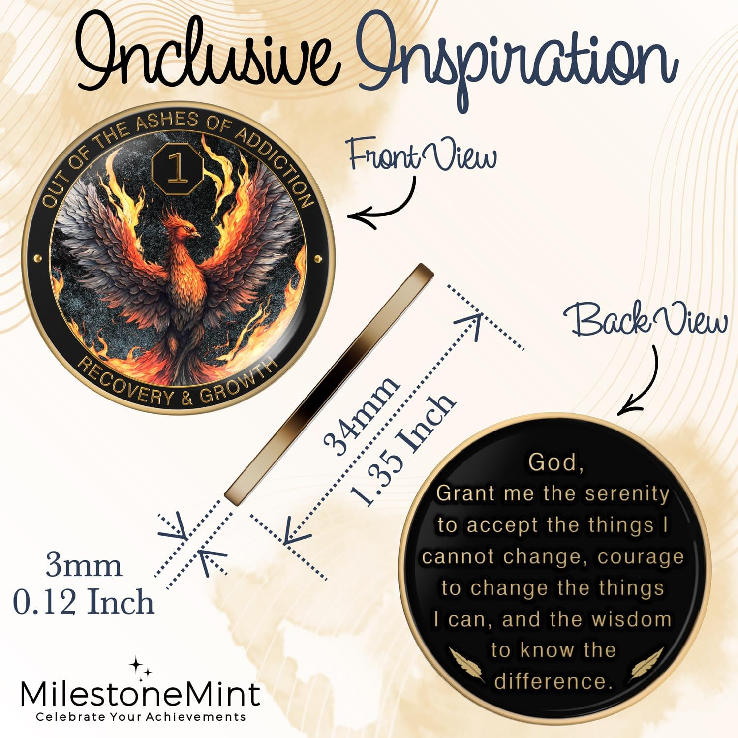 Milestonemint Phoenix Sobriety Coin | AA Chip Medallion Gift Set with Coin Capsule, Display Stand & Card for Sober Men & Women in Recovery | Sobriety Gifts for Anniversary Month & Year (1 Year) image number 5
