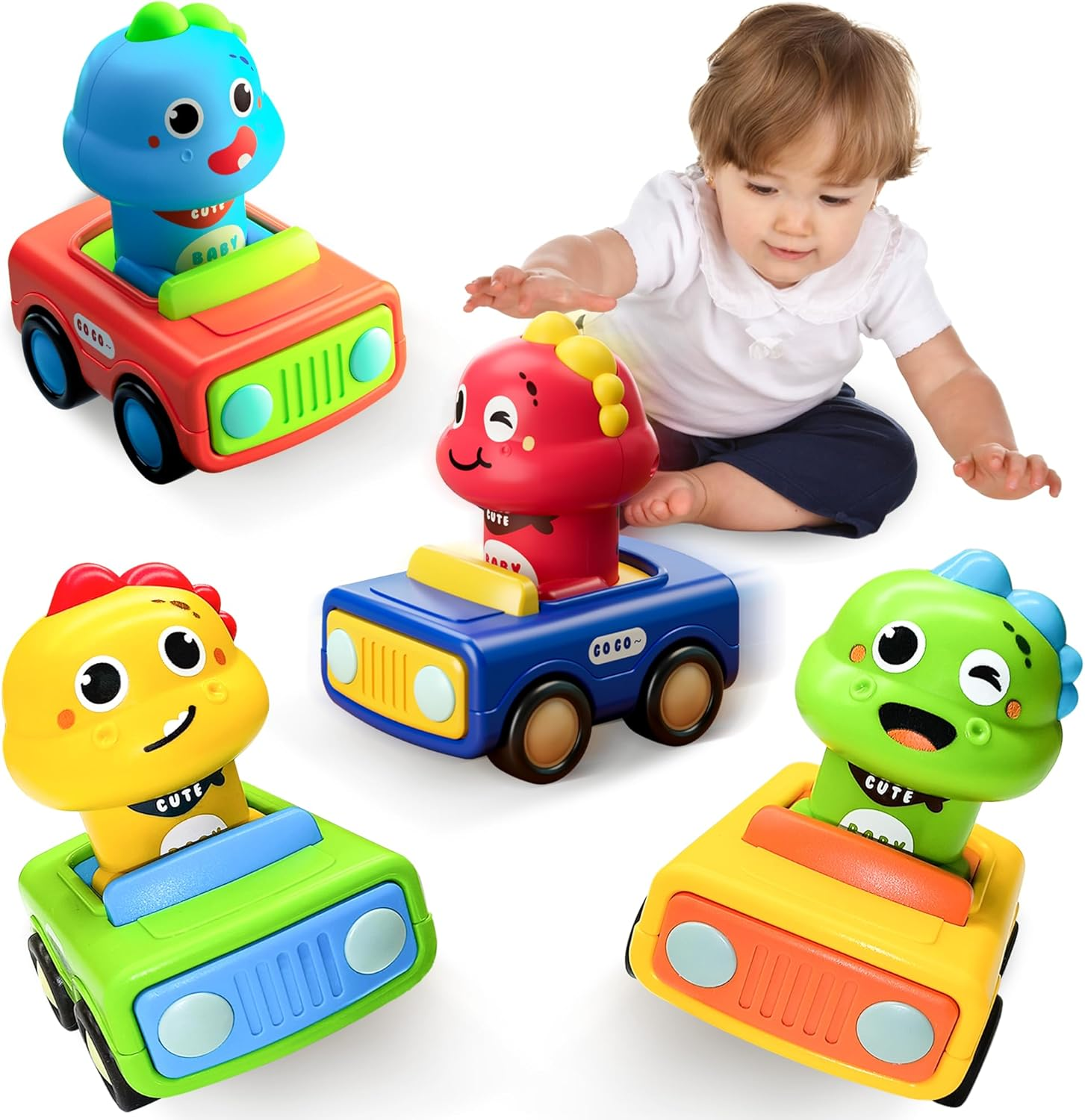 4 PCS Press and Go Cars Toys for 1 2 3 Year Old Boy, Infant Animal Racing Car for Toddlers 1-3, 1 Year Old Boy Girl Gifts Baby Play Vehicle Set, 1St Birthday Gifts, Pull Back Car Toy for 6-18 Months