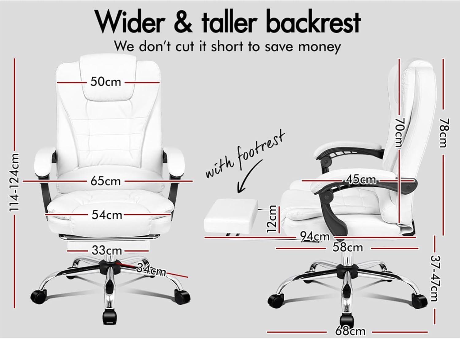 ALFORDSON Ergonomic Office Chair with 150&deg; Recline & Footrest, Computer Desk Chairss with Massage & Heated Seat, Executive Swivel Leather Video Game Chair, Max 180Kg (Dale White) - Fabric Black image number 5