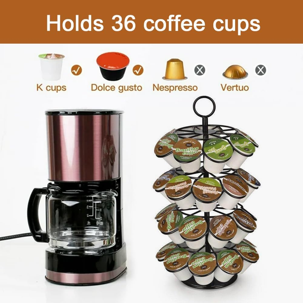 MOTRAIN Coffee Pod Holder Stand, Black Steel Rotating Cup Carousel for Home or Office, 4 Tiers, 36 Pods Storage Organizer, Spins 360-Degrees