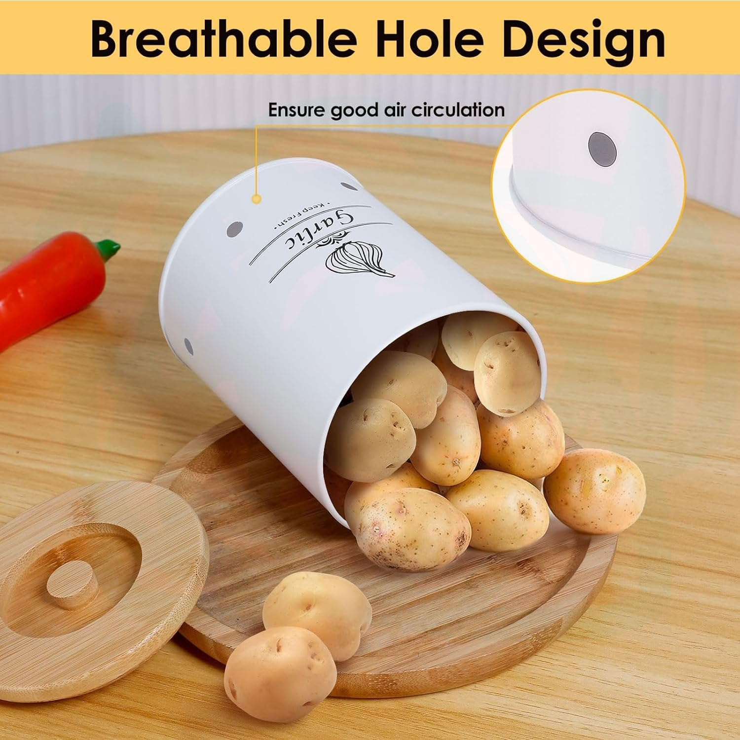 Large Ceramic Garlic Keeper, with Wood Lid Ventilated Garlic Storage Container Garlic Storage Container for Counter Garlic Storage Box Large Capacity Garlic Saver for Kitchens (White)