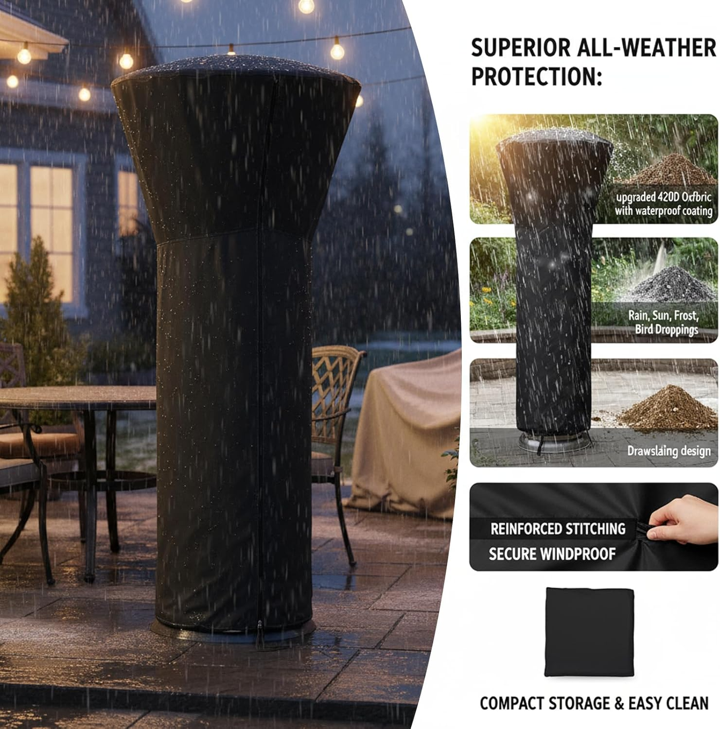Outdoor Patio Heater Cover Waterproof with Zipper &ndash; 420D Oxford Fabric, Windproof Dustproof Weather-Resistant Heater Protection Cover, Universal Size 89&rdquo;H X 33&rdquo;D X 19&rdquo;B (Black) &ndash; Damaill (Black) image number 5