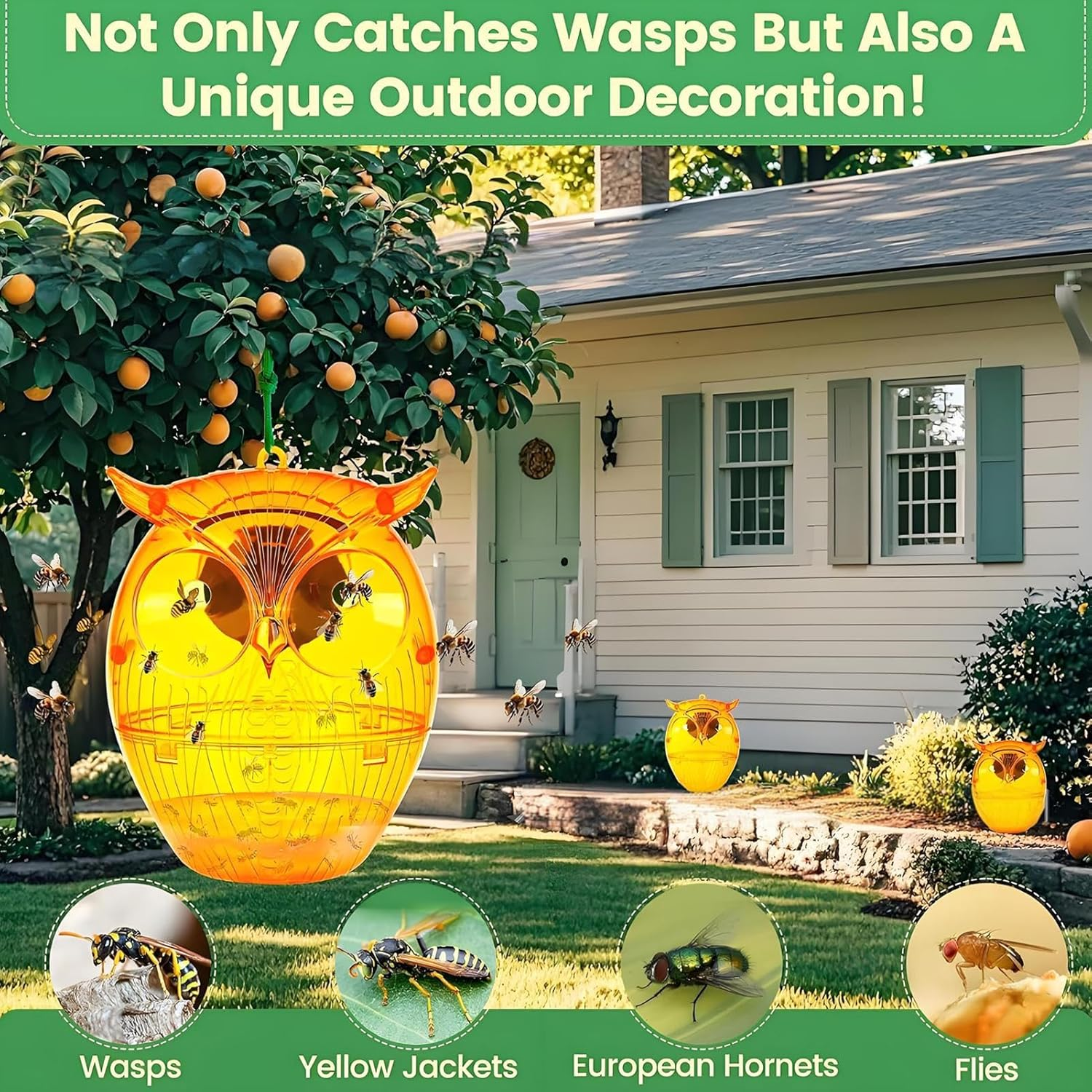 Uoqpty Wasp Catchers for Outside,Solar Owl Shape Carpenter Bee Trap with LED Light | Gardening Supplies for Camping Orchard Shed Picnic Fruit Trees Backyard Pool Area Nature Attic Porch image number 5