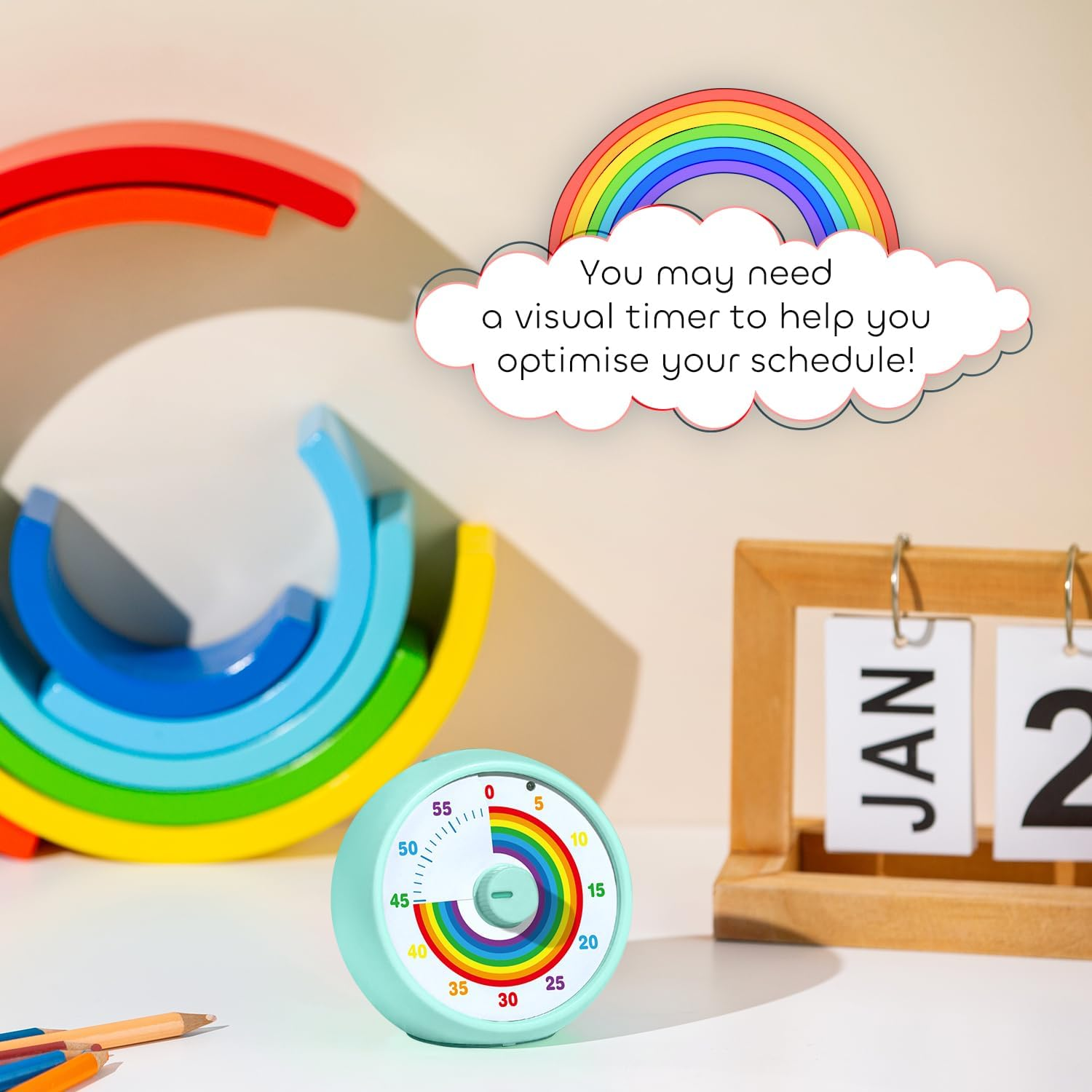 Visual Timer for Kids, 60-Minute Countdown Timer for Classroom Office Kitchen, Desk Timer Kids Time Management Tools with Silent Operation, Pomodoro Timer Rainbow Pattern(Tiffany)