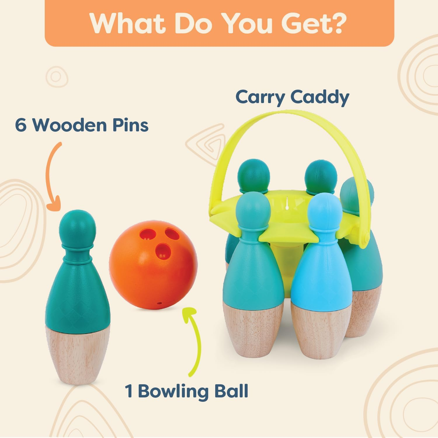 B. Toys &ndash; Kids Bowling Set &ndash; 6 Pin & Ball &ndash; Wooden Pins & Carry Caddy &ndash; Family Activities & Games &ndash; 2 Years &ndash; image number 1