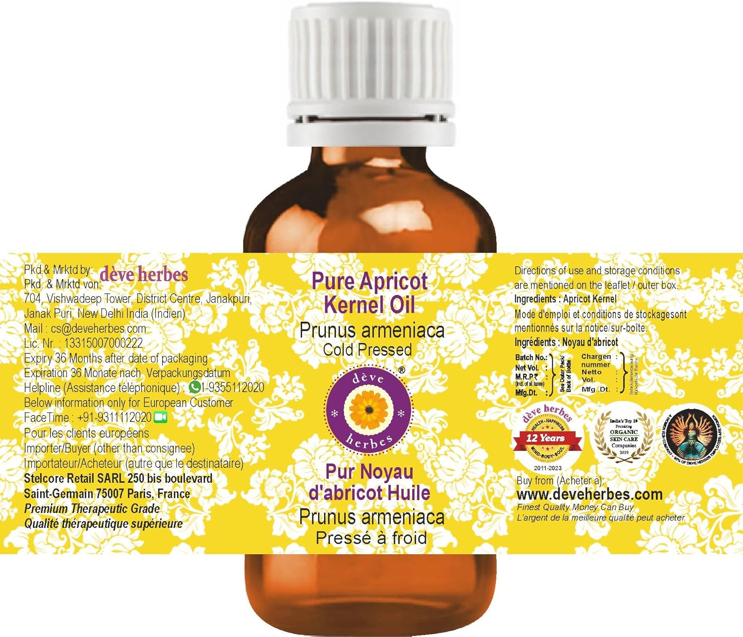 Deve Herbes Pure Apricot Kernel Oil (Prunus Armeniaca) Natural Therapeutic Grade Cold Pressed 30Ml (1 Oz) image number 2