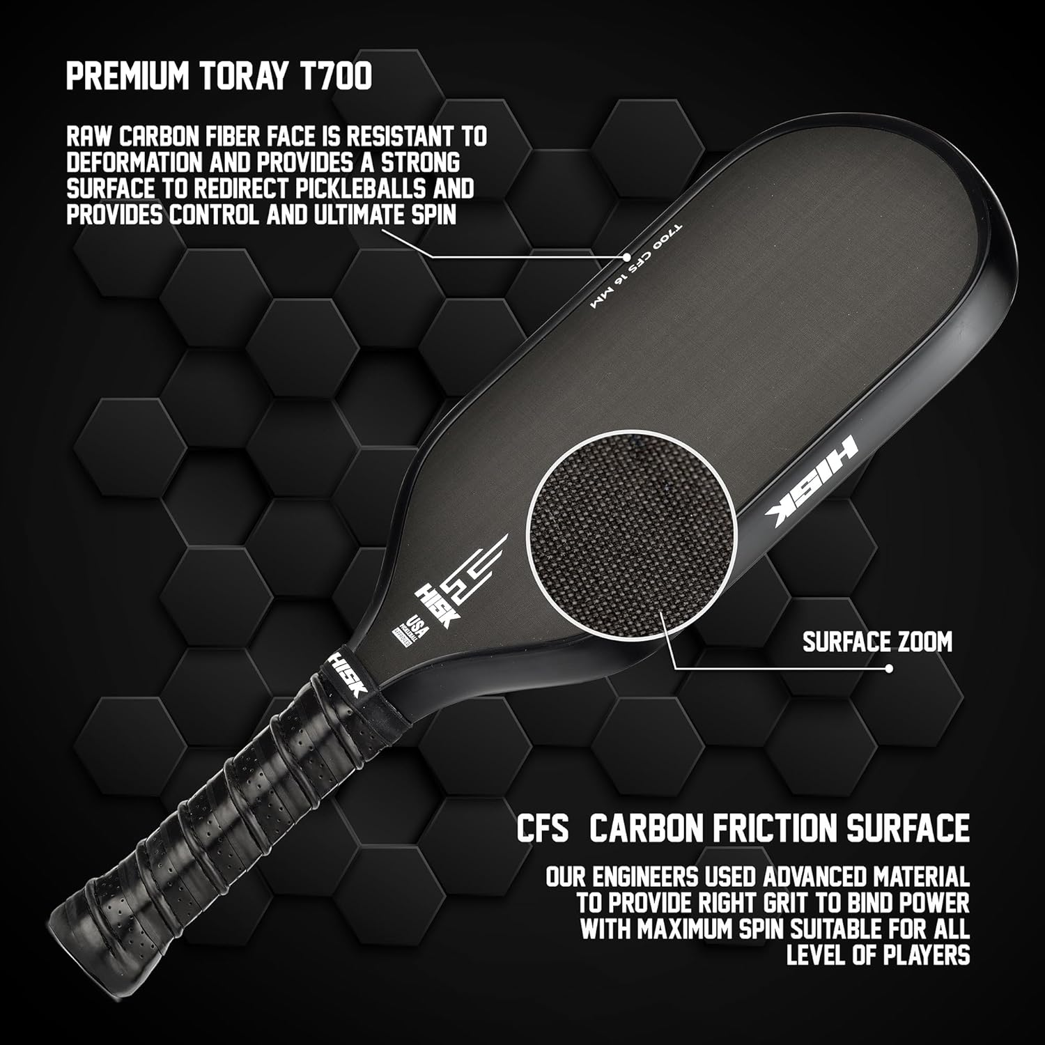 HISK RAV PRO Pickleball Paddle - Ultimate HIGH END 16Mm Japanese Toray T700 Raw Carbon Fiber CFS W/Excellent GRIT Roughness Texture, Aero Dynamic Curve, USAPA Approved, Non Slip Grip