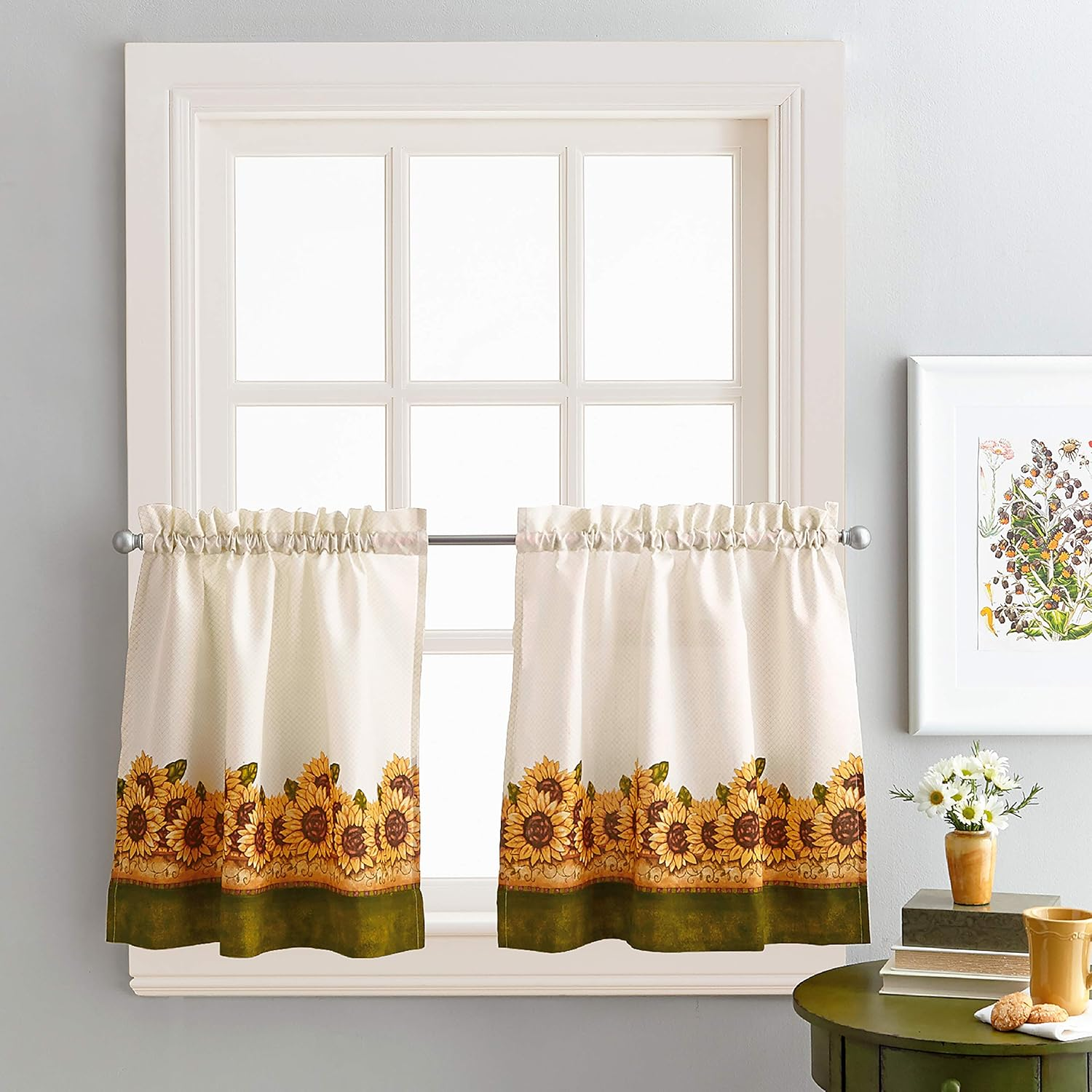 Curtainworks Sunflower Garden Window Kitchen Curtain Tier and Valance, Yellow, 36-Inch Tier Set image number 4
