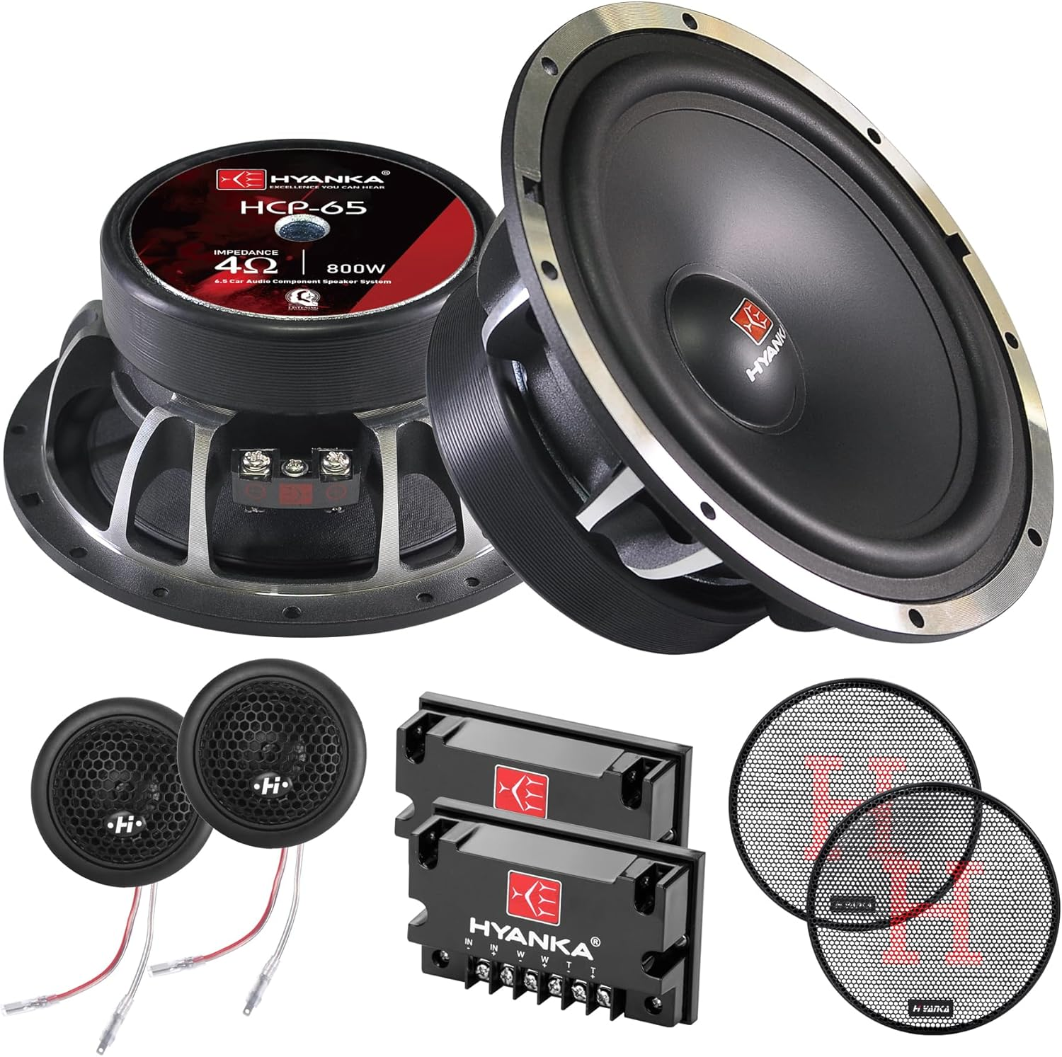 H YANKA HCP-65 6.5 Component Car Speakers, 800 Watt Car Audio Stereo Door Speakers Perfect for Upgrading Any Car Stereo System Includes 2 X Midrange Woofers, Tweeters, and Crossovers (Set)