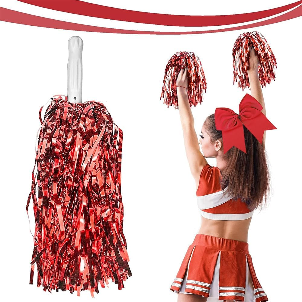 Cheerleader Pom Poms & Hair Accessories Set &mdash; 8-Inch Oversized Bow Hair Ties, DIY Handheld Flower Pom Poms, Cheer Bobbles & Hair Bows for Sports Teams, Dance Performances, Events （Red） image number 5
