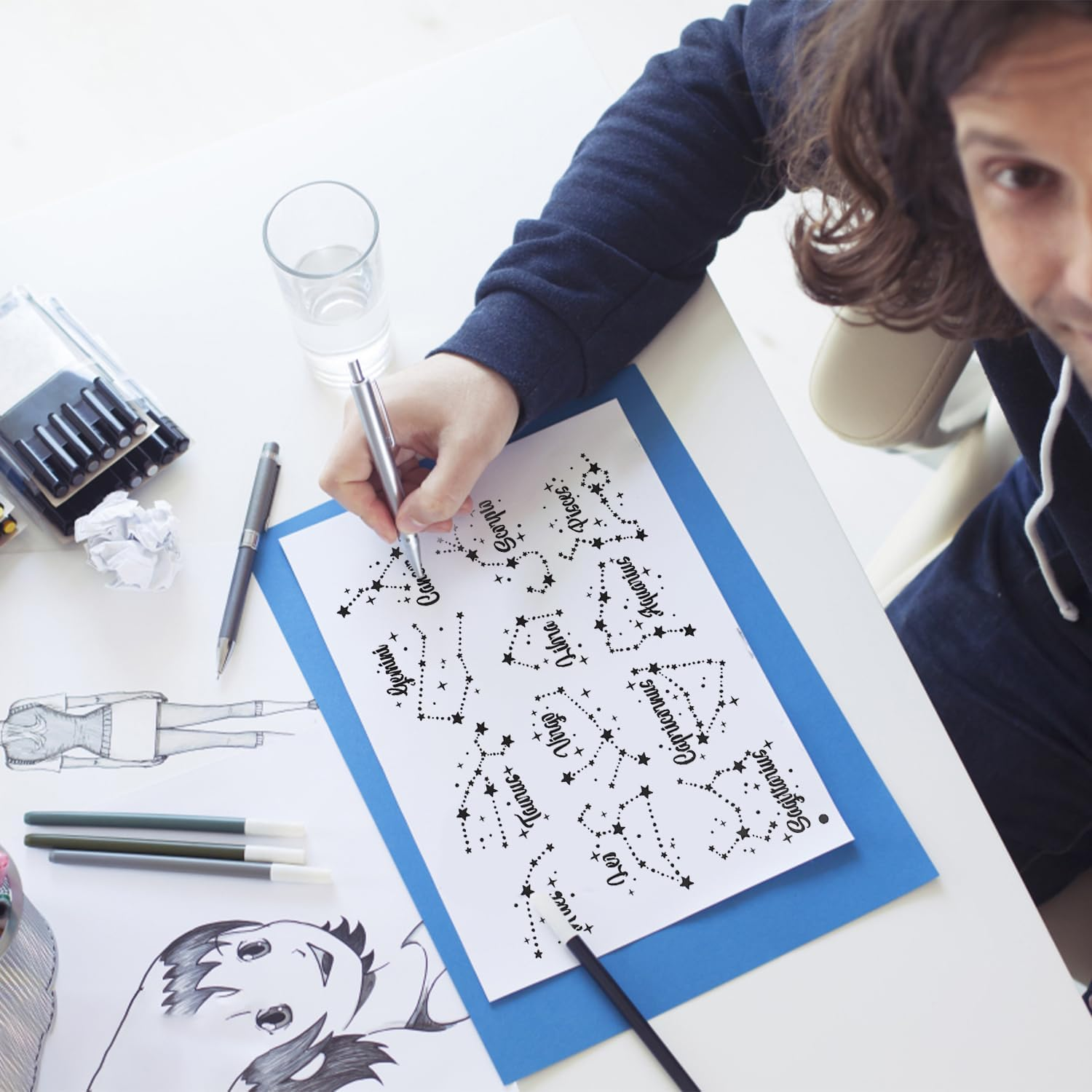 6Pcs Night Sky Stencil, Moon and Stars Template & Zodiac Stencils, Twinkle Star Stencil for Painting Starburst Stencil Wall Painting Stencil for Wooden Furniture Paper Windows Walls Canvases image number 6