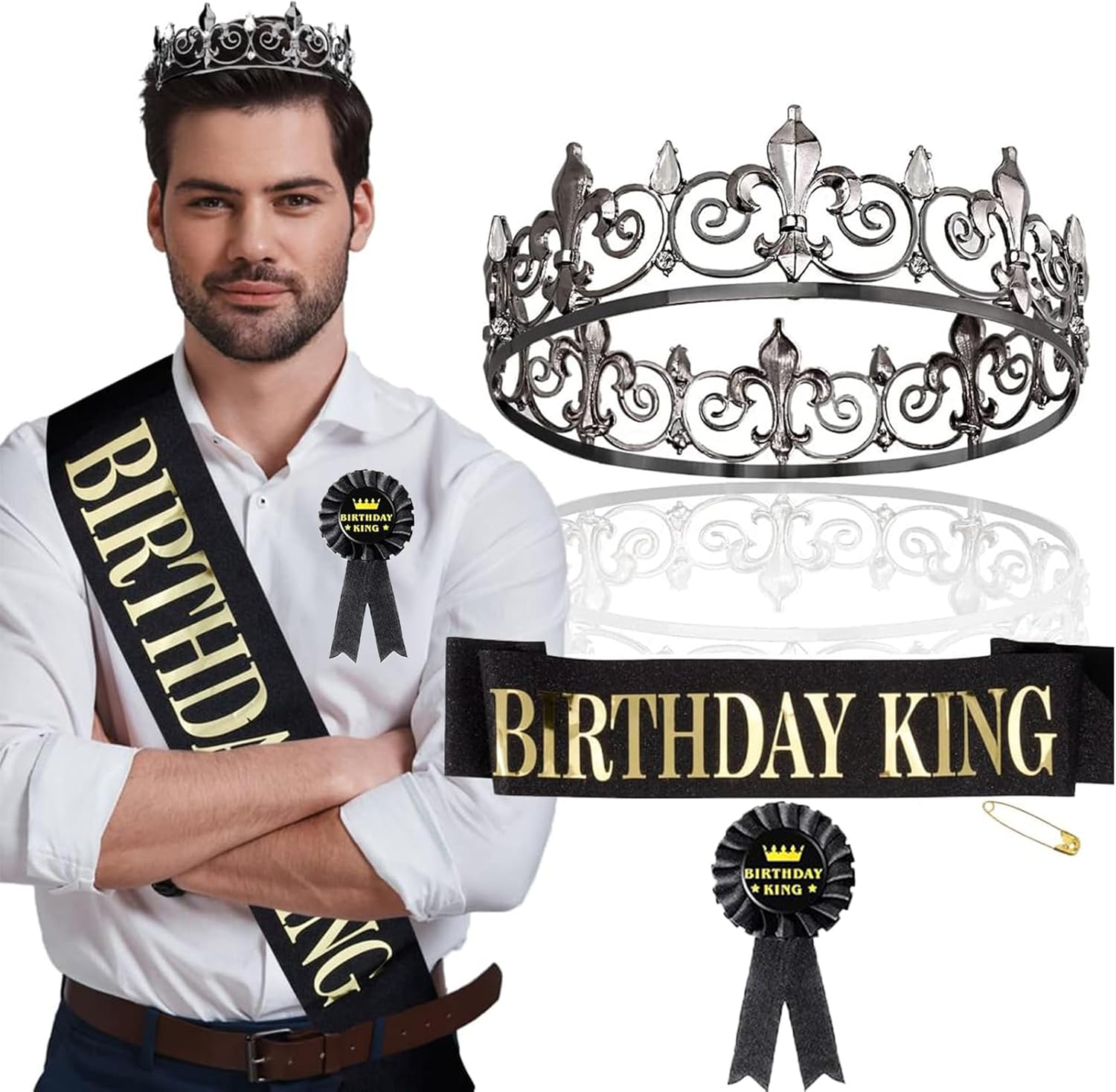 3Pcs Happy Birthday Decorations for Men, Birthday King Crown and Birthday Sash Tinplate Badge Pin, Men Birthday Decorations, Birthday Crown for Men Birthday Party(Black and Gold) image number 2