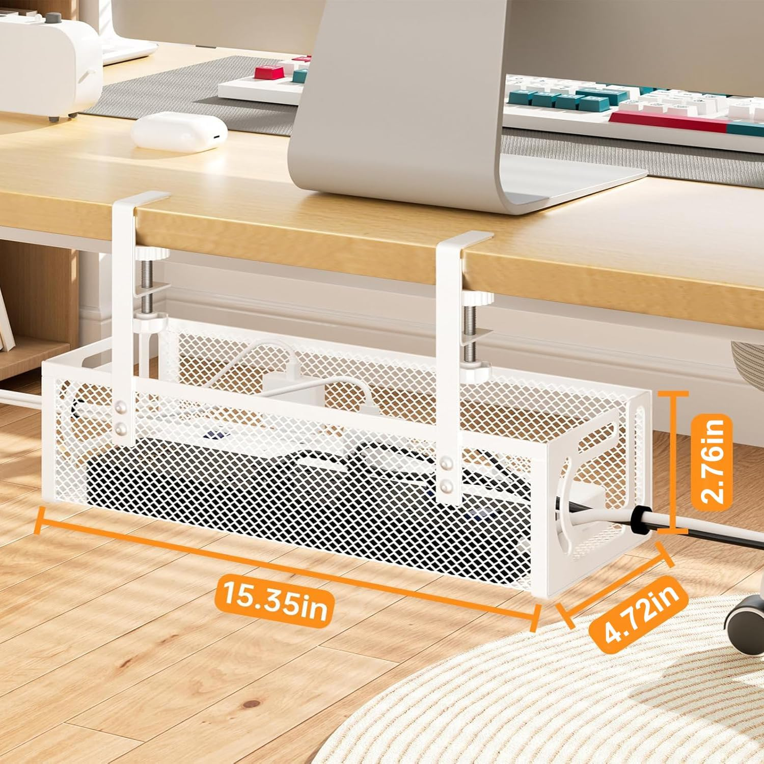 Under Desk Cable Management Tray No Drill, Metal Mesh Cable Organiser with Clamp for Desk Wire Management, Desk Cable Management Box and Cord Organizer for Office, Home (White) - Black image number 4