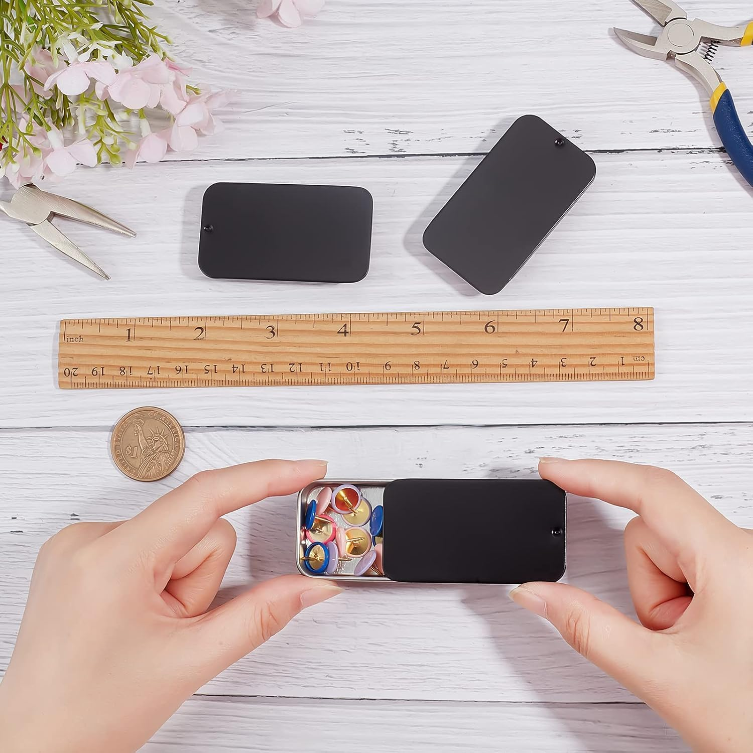 20Pcs Mini Portable Slide Top Small Tin Containers,2.36" X 1.34" X 0.39"Metal Tins Box Empty Storage Organizer Tins with Lids for Lip Balm Candies Candles (&lrm;Black) image number 1