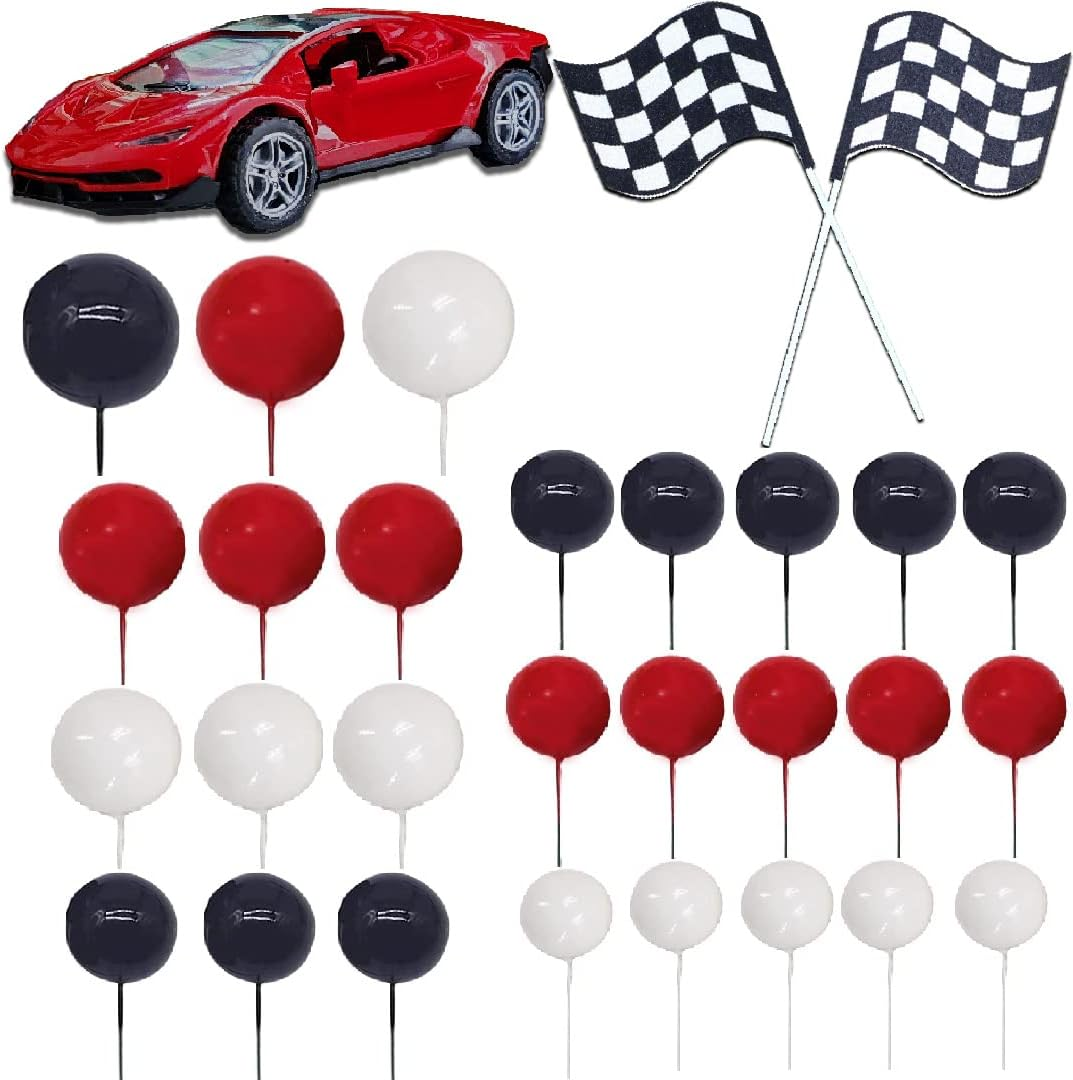 30PCS Race Car Cake Toppers with Checkered Flag, Red Black White Balls, for Race Car Themed Birthday Party image number 1