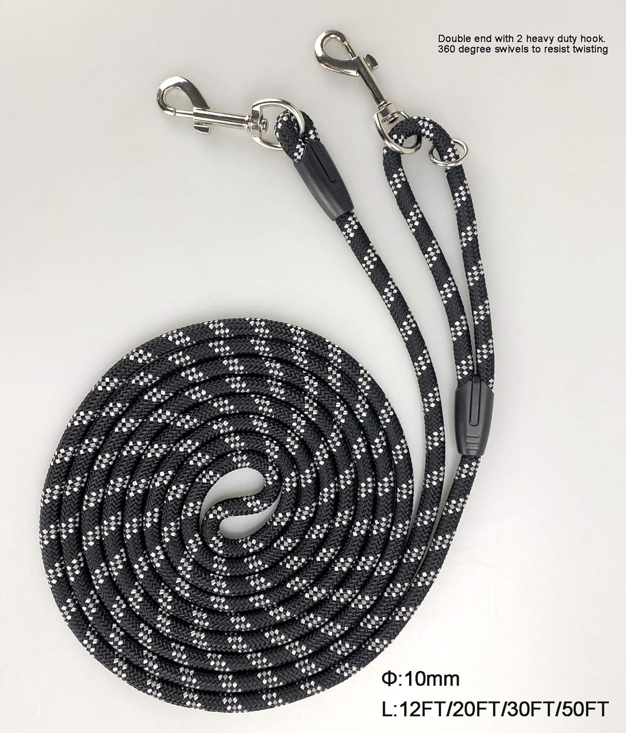 Long Rope Dog Leash for Dog Training 12FT 20FT 30FT 50FT, Reflective Threads Dog Cat Leashes Tie-Out Check Cord Recall Training Agility Lead for Large Medium Small Dogs (Black, 10Mm20Ft) image number 1