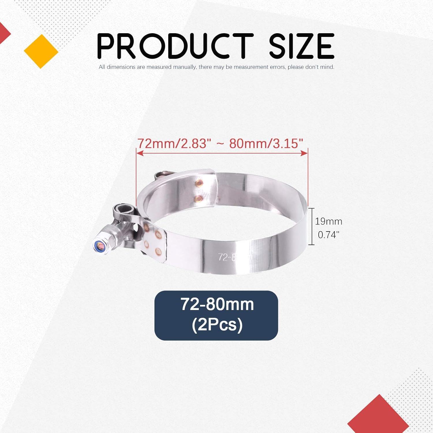 Hilitchi 2Pcs Stainless Steel T-Bolt Clamps with Rounded Band Edges Heavy Duty Turbo Intake Intercooler Clamp (72-80MM) for 2 3/4 Inch image number 2