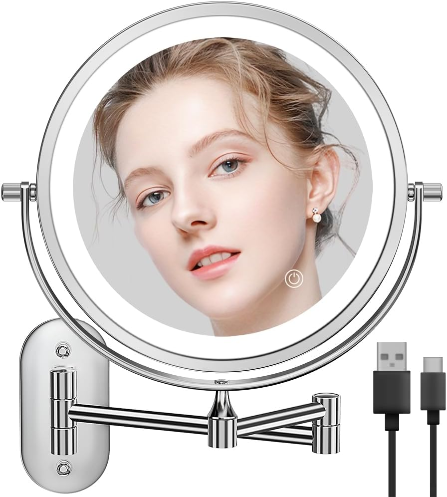 Auxmir Wall-Mounted Bathroom Makeup Mirror Double-Sided 1X/10X Magnification LED Illuminated 3 Light Colors USB Rechargeable Touch Sensor 360&deg; Rotation and Extendable for Bathroom, Black, X-8CB
