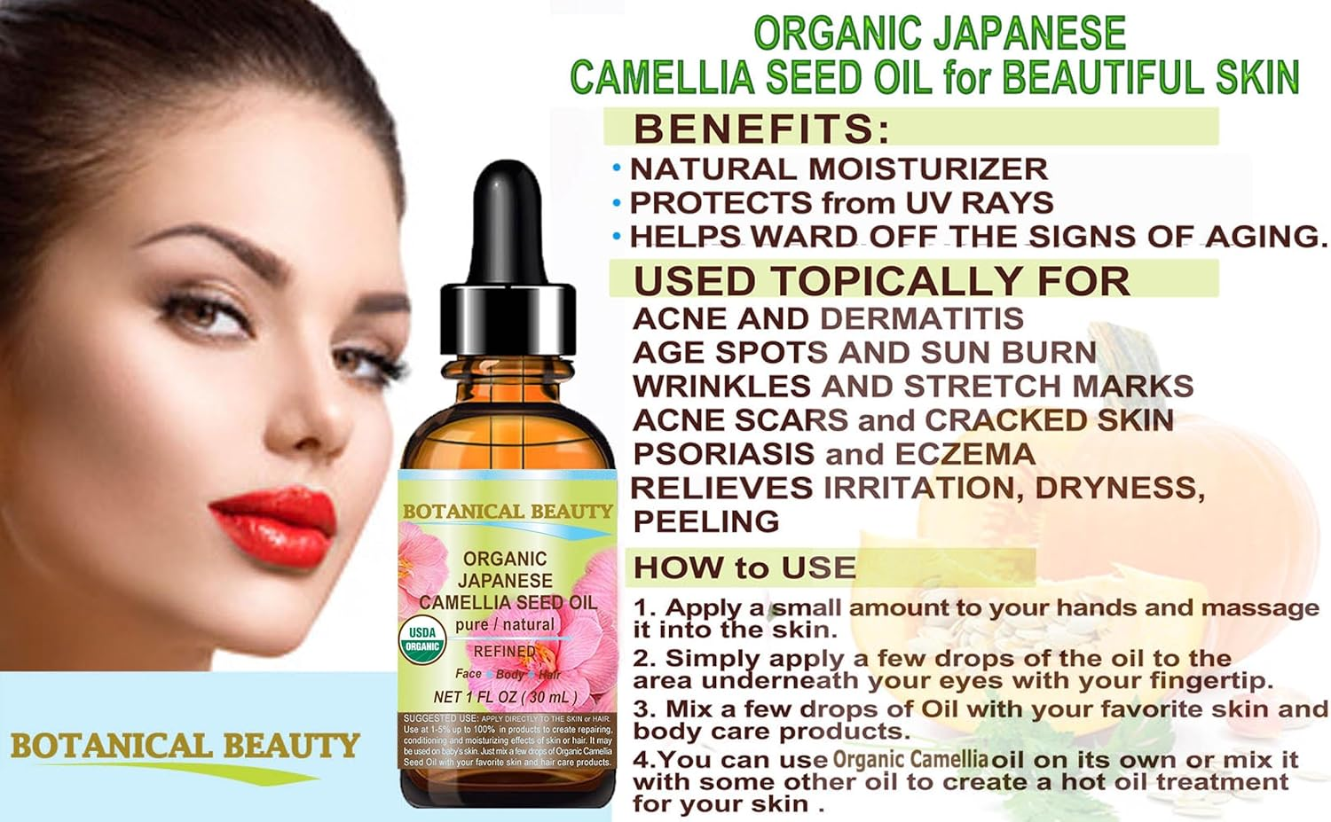 Botanical Beauty Japanese ORGANIC CAMELLIA Seed Oil. 100% Pure Natural Undiluted Refined Cold Pressed Carrier Oil to Revitalize and Rejuvenate the Hair, Skin and Nails. 0.5 Fl. Oz 15 Ml image number 5