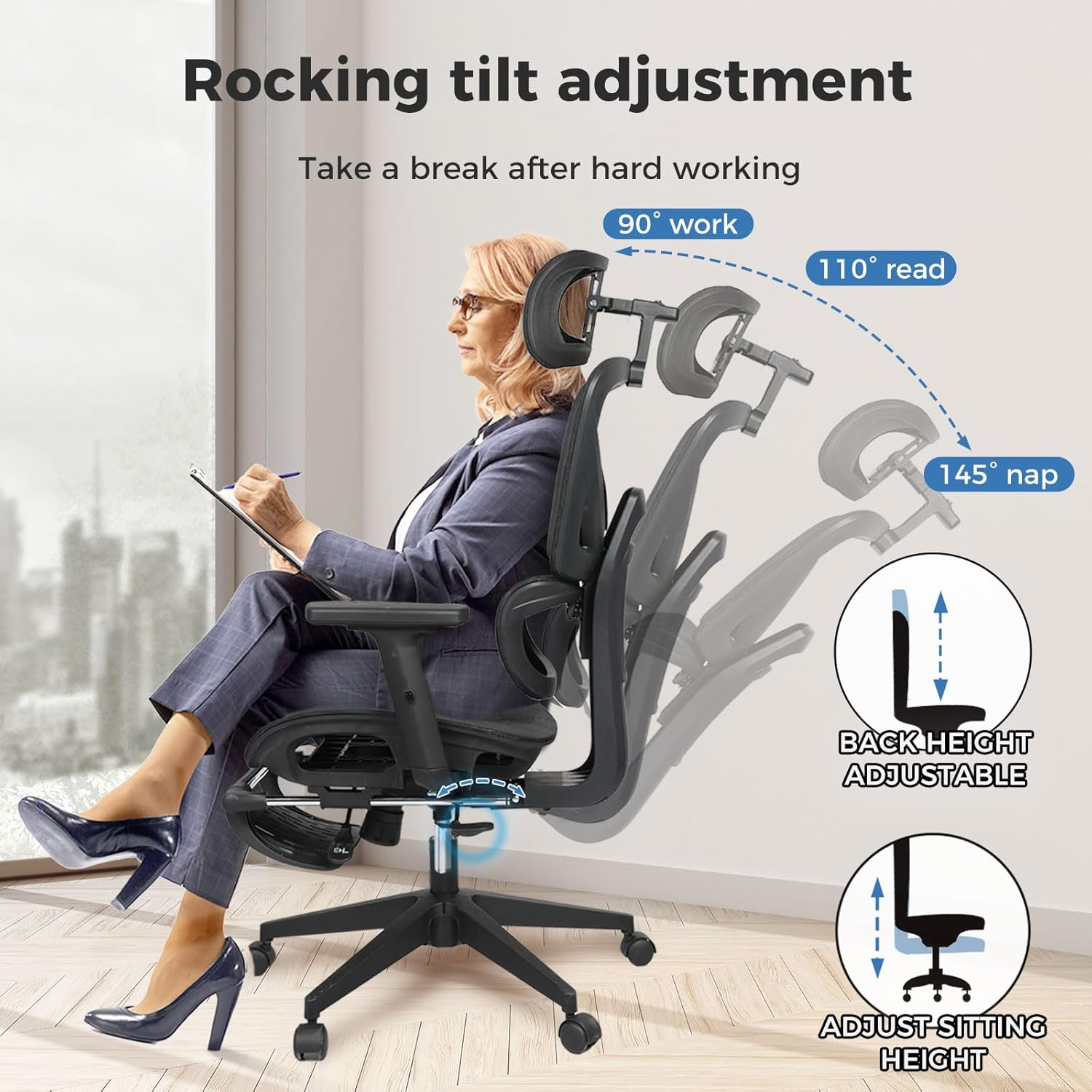 LEVEDE Ergonomic Office Chair with Foot Rest, Mesh Office Chair 4D Adjustable Armrest and Office Chair Lumbar Support, 150Kg Capacity Reclining Wide Home Office Desk Chairs(Black) - Brown image number 5