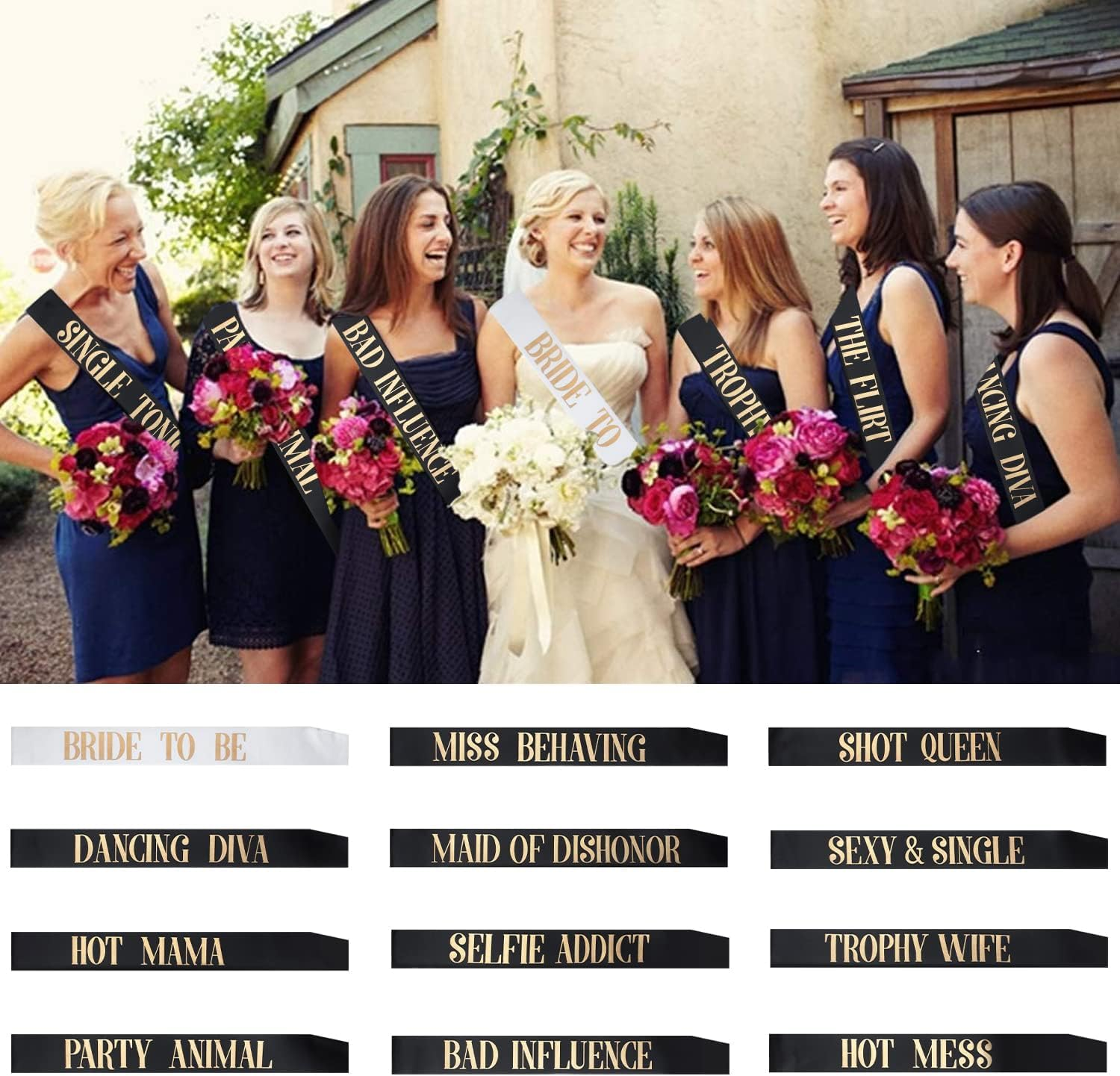 12 Pack- Bachelorette Party Bride to Be Sash- Unique Bride Bridesmaid Sashes for Bachelorette Party Black, Rose Gold Letters image number 3