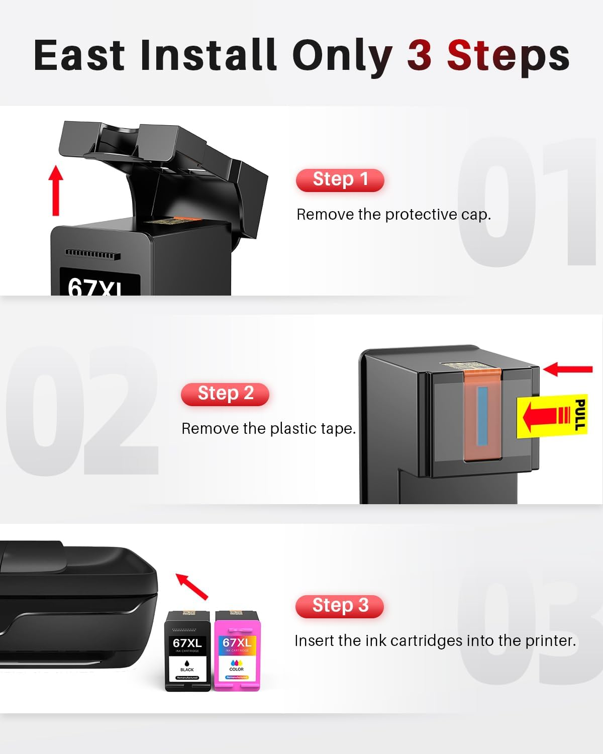 67XL Ink Cartridges Combo Pack Replacement Compatible for HP 67XL 67 XL Work for 6400 6055 6052 6458 2700 2722E 2723E 2755E 2800E 2820E 4100E 4155E 6034E 6420E 6455E 6475 Printer（Black & Tricolor） image number 3