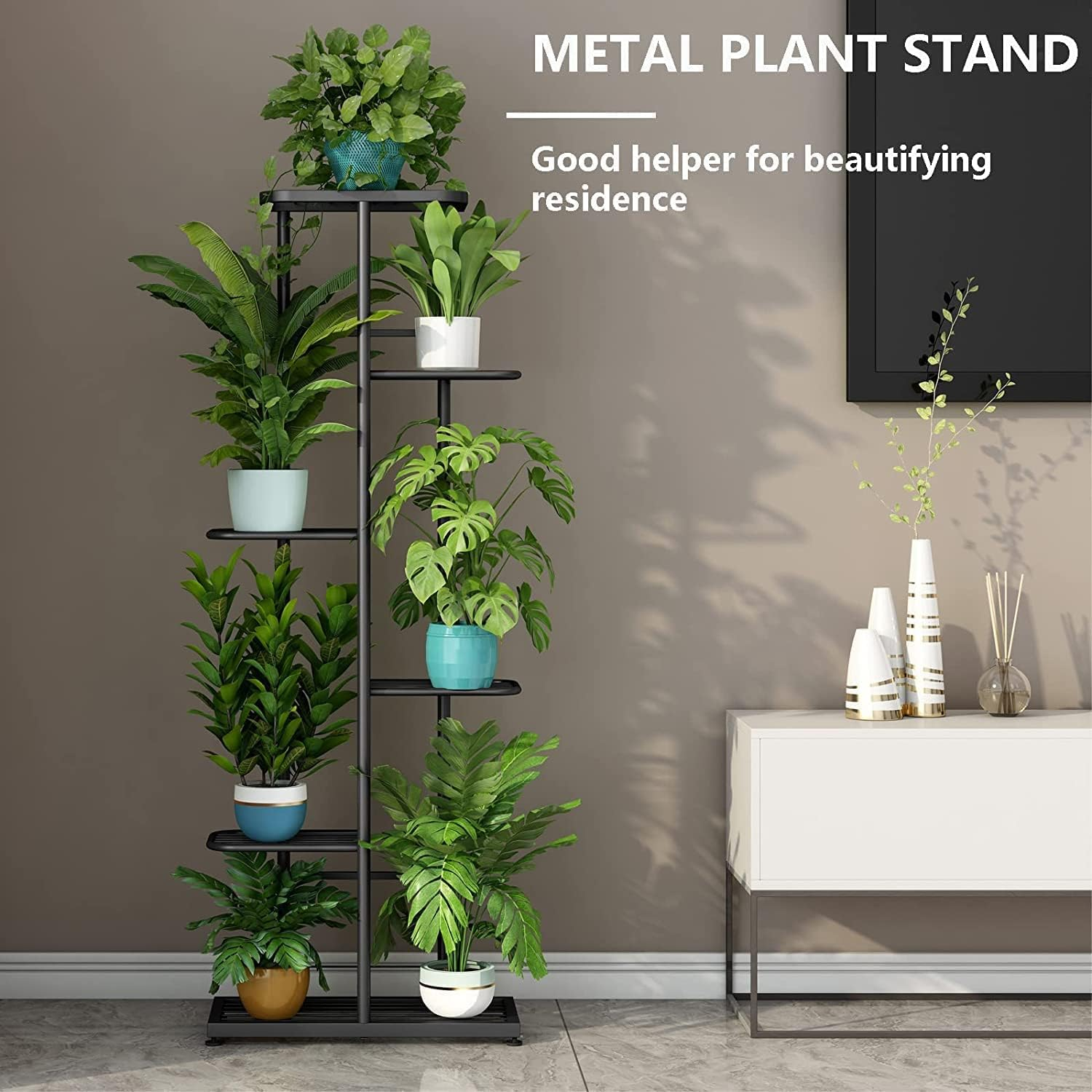 6 Tier 7 Potted Metal Plant Stand Indoor Outdoor Multiple Flower Pot Holder Shelf Stander Plant Holder Storage Rack for Indoor Outdoor Garden Greenhouse Patio Natural Black image number 3