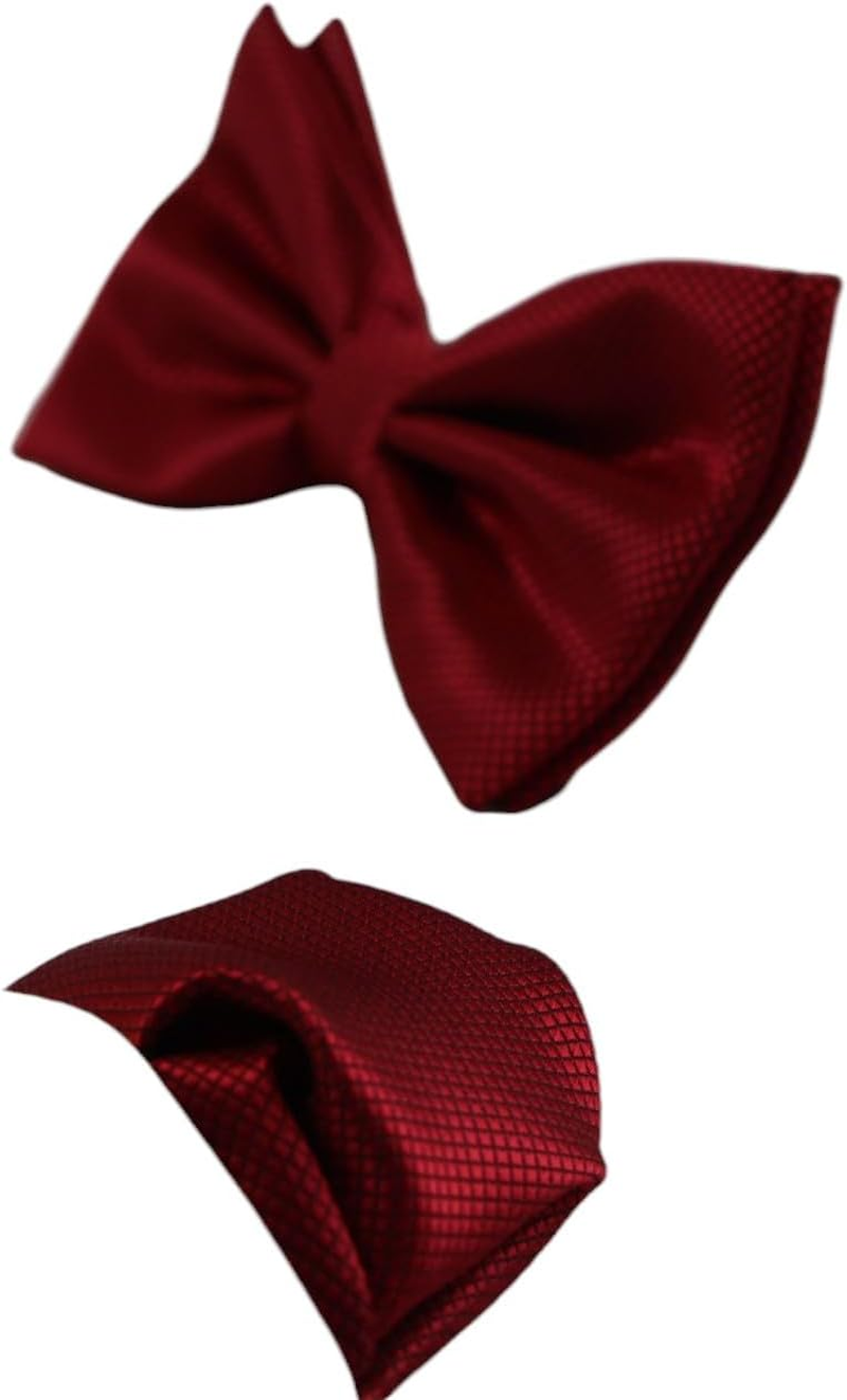 Mens Dark Red Plain Coloured Checkered Bow Tie & Matching Pocket Square Set image number 2