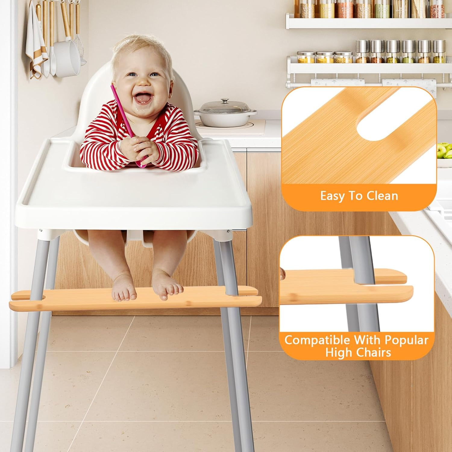 Bamboo High Chair Foot Rest - Adjustable Height, Prevent Slip Baby Highchairs Pedal Bamboo Wooden Footrest High Chair Accessories image number 1