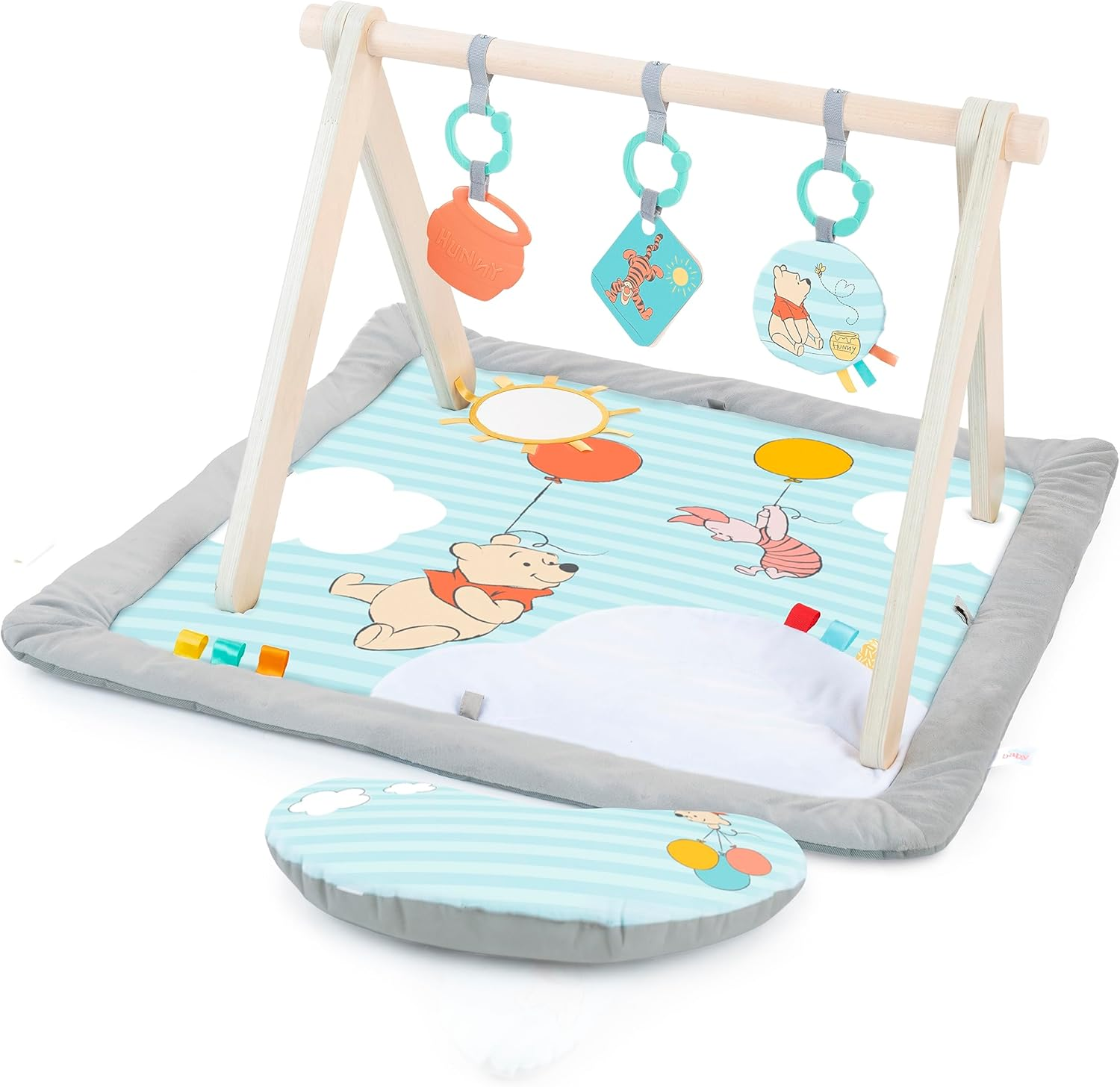 Disney Winnie the Pooh Once upon a Tummy Time Baby Activity Mat with Wooden Toy Bar, Blue, Newborn+ by Bright Starts image number 2