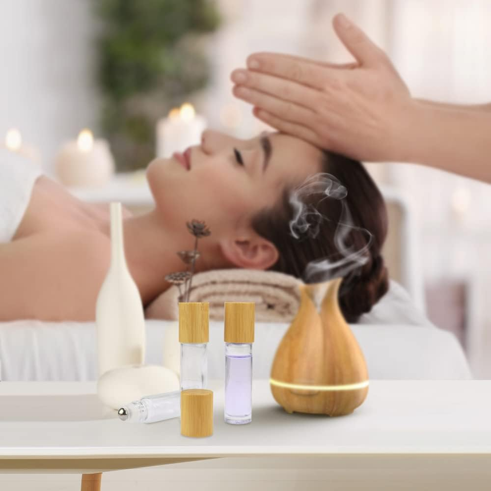 Wresty 10Ml(1/3Oz) Roll on Bottles,10 Pack Glass Roller Bottles Essential Oil Bottles Perfume Cosmetic Sample Bottles with Stainless Steel Roller Ball&Bamboo Lids image number 3