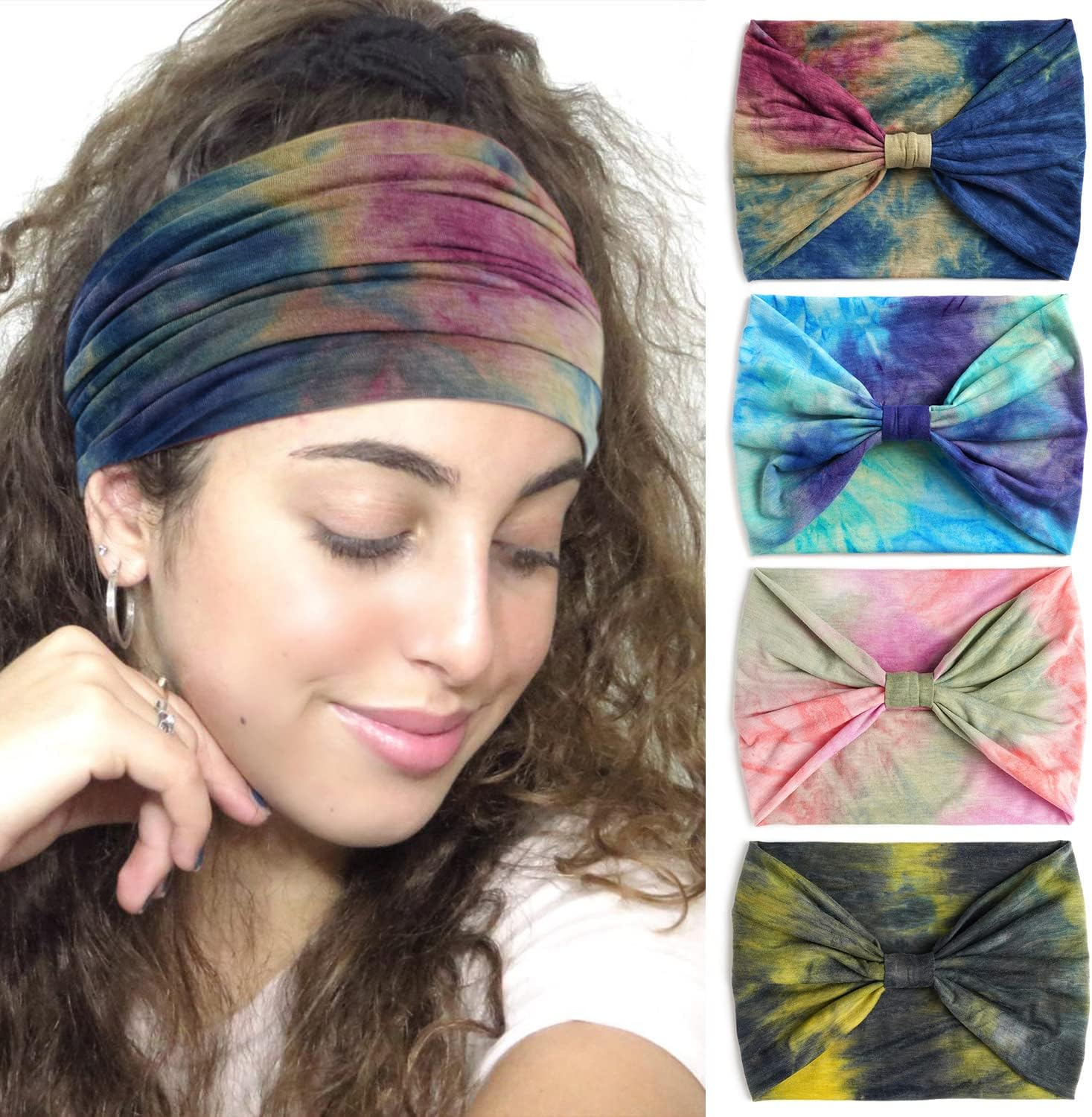 Wide Elastic Headbands for Women, Stretch Turban Style, Knotted Workout Sweatbands, African Head Wraps, Sport Head Scarves, 4 Pack image number 2