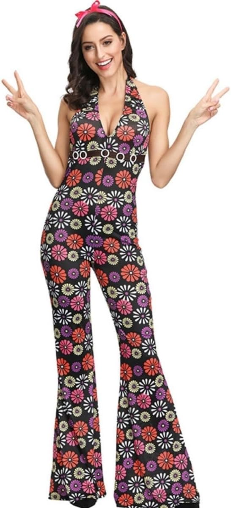 Costume Bay Women'S 60S 70S Vintage Groovy Shimmy Hippie Dress with Headband Costume Flared Pants Halloween Disco Outfit Fancy Dress Cosplay Carnival Party (Retro Jumpsuit, M) image number 1