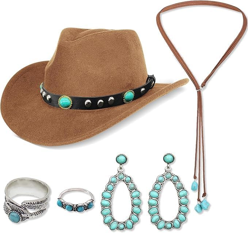 5Pcs Cowboy Hat Accessories for Women, Western Cowgirl Costume Set with Wide Brim Cow Boy Hat Turquoise Necklace Earrings Rings 70S Boho Hippy Fancy Dress for Adult Cosplay Carnival Halloween