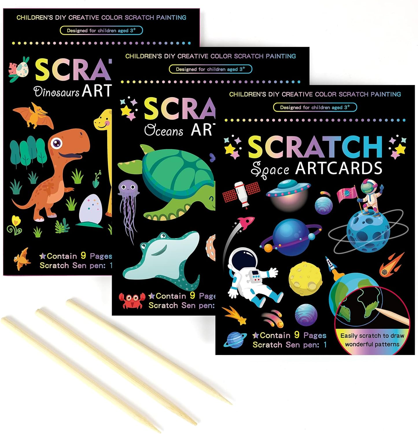 3 Set Magic Scratch Paper Art, Colorful Magic Drawing Art Book with 3 Scratch Pen for Kids, Dinosaurs/Underwater World/Spaceman