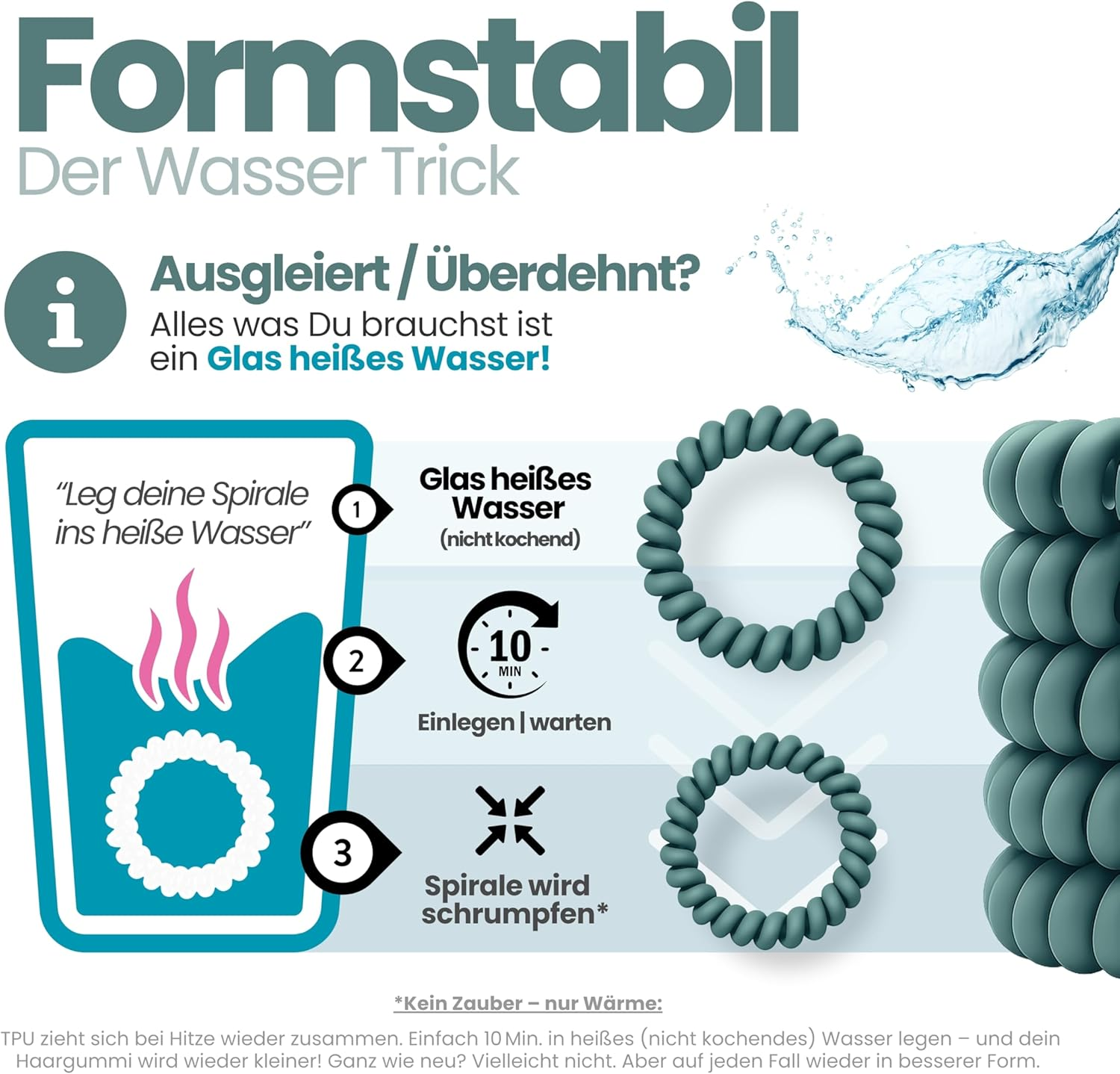 Specora Spiral Hair Scrunchies Petrol Pack of 10-5 Cm - TPU - Telephone Cable Scrunchie - No Pulling & Tangling - Elastic, No Imprint, Gentle on Hair image number 4