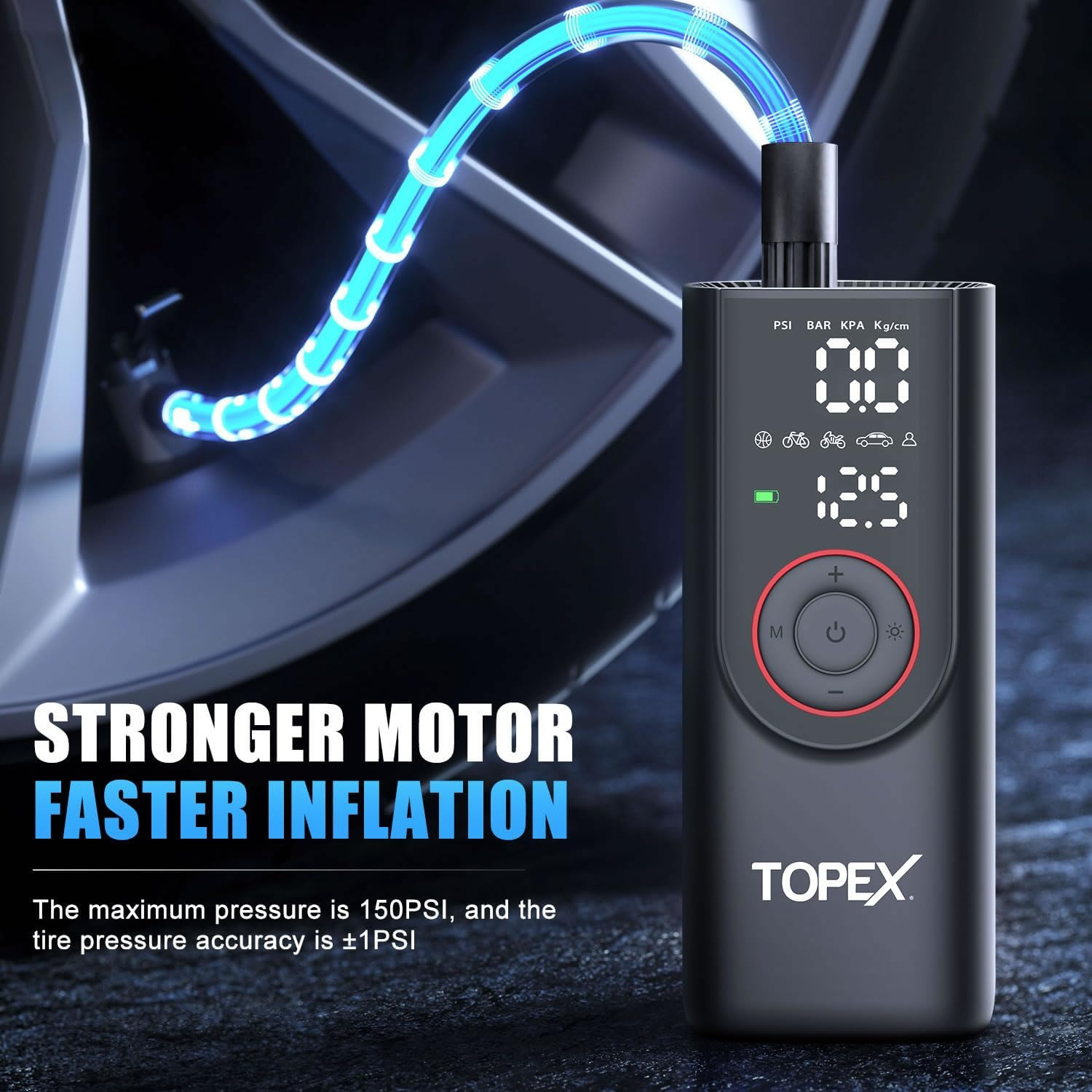 TOPEX 12V Car Tyre Inflator Portable Air Compressor Cordless Air Pump 150PSI Air Pump Dual Power Electric Tyre Pump with LED Light & LCD Display for Car/Motorcycle/Bike/Ball/Custom image number 1